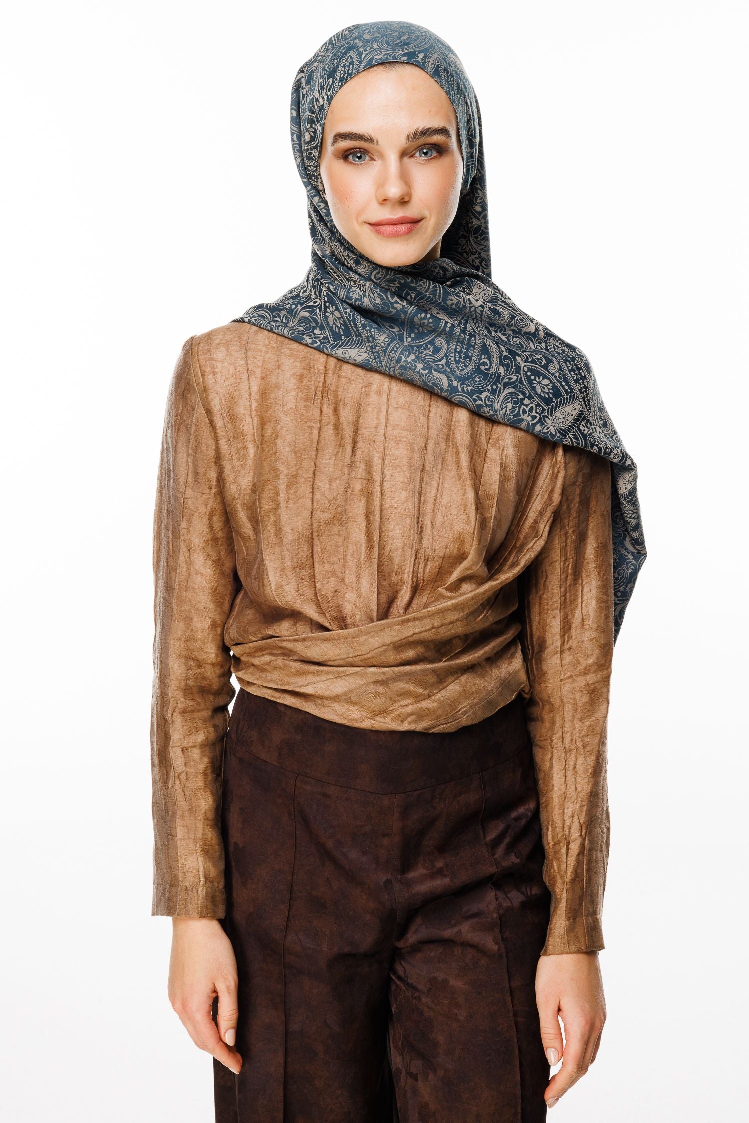 Petrol Blue-Beige Velora Pattern Double-Sided Shawl