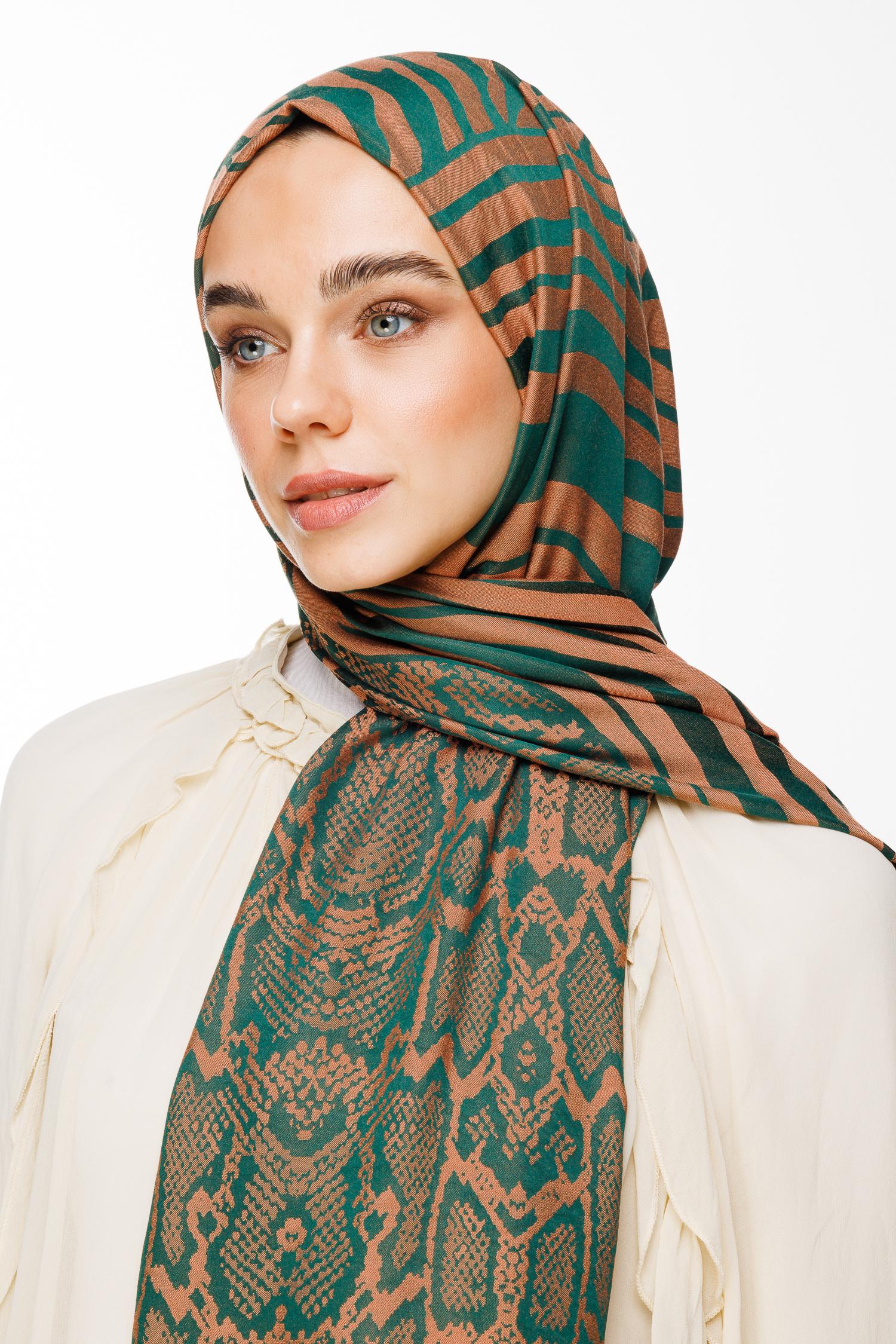 Emerald-Apricot Riad Pattern Double-Sided Shawl