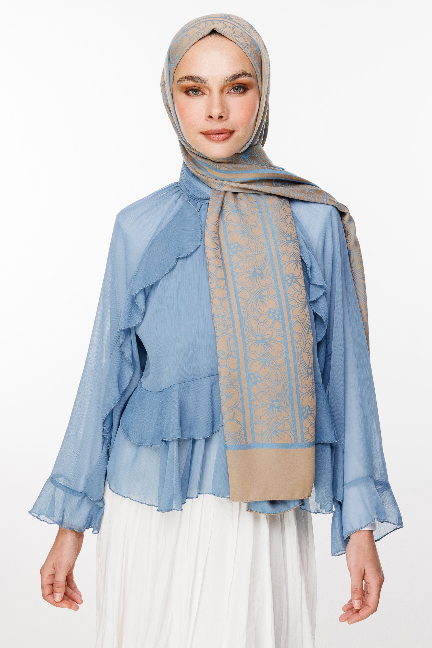 Mink-Turquoise Lavin Pattern Double-Sided Shawl