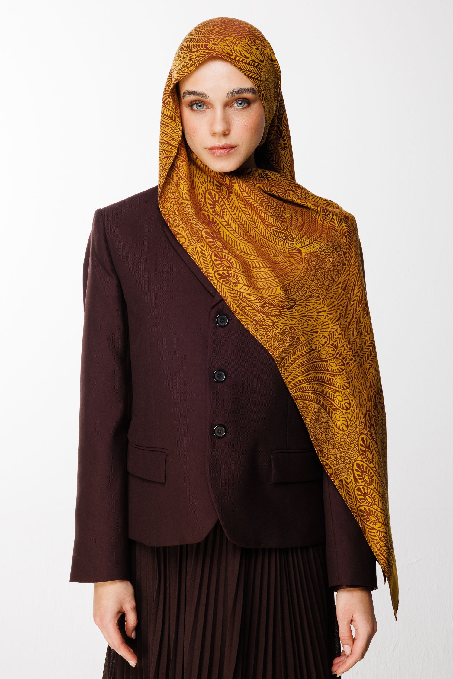 Plum-Yellow Mayra Pattern Double-Sided Shawl