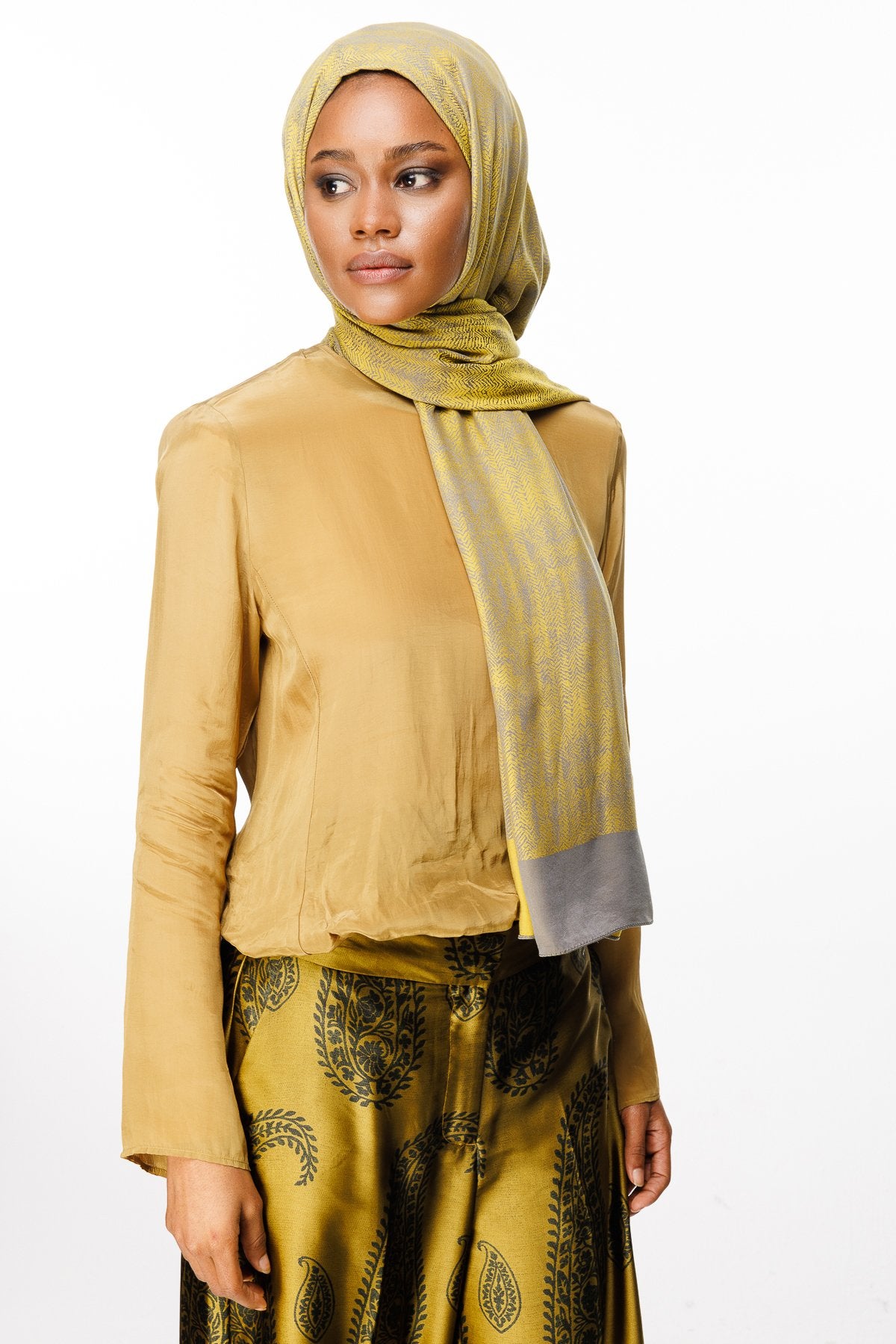 Dark Gray-Mustard Sahra Pattern Double-Sided Shawl