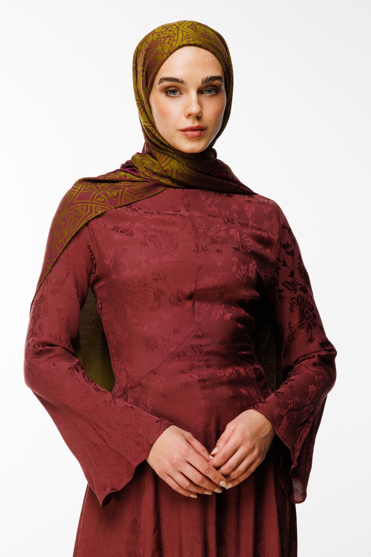 Oil Green-Plum Morocco Pattern Double-Sided Shawl