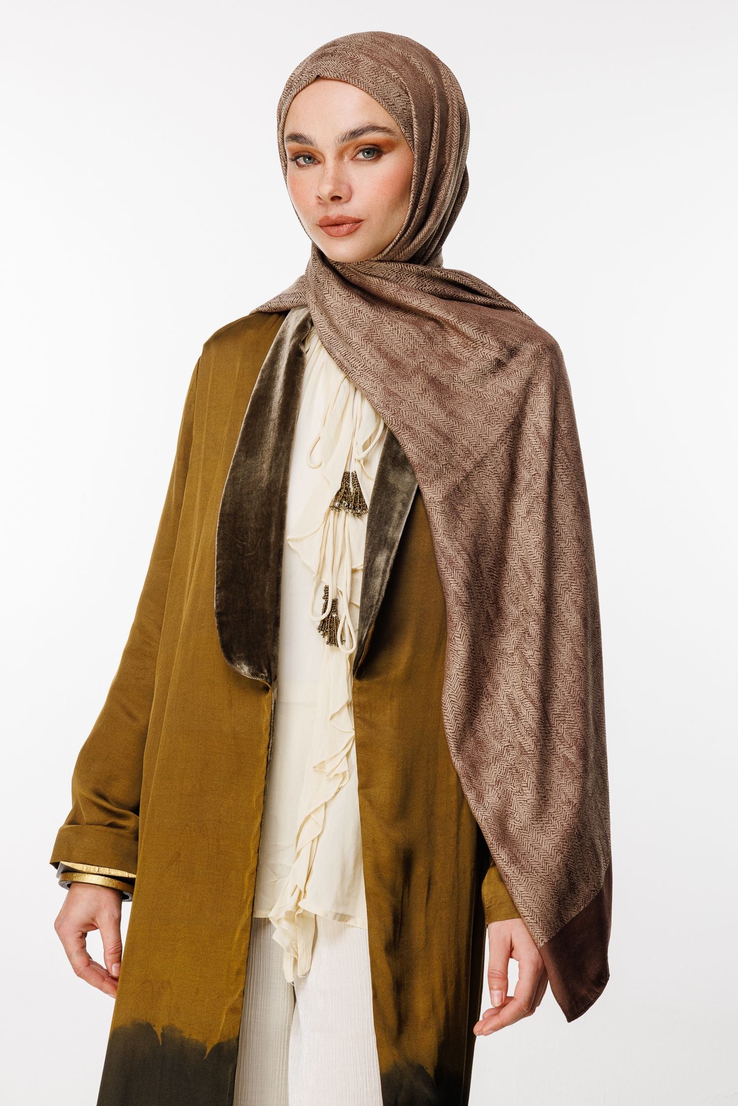 Bitter Brown-Beige Sahra Pattern Double-Sided Shawl