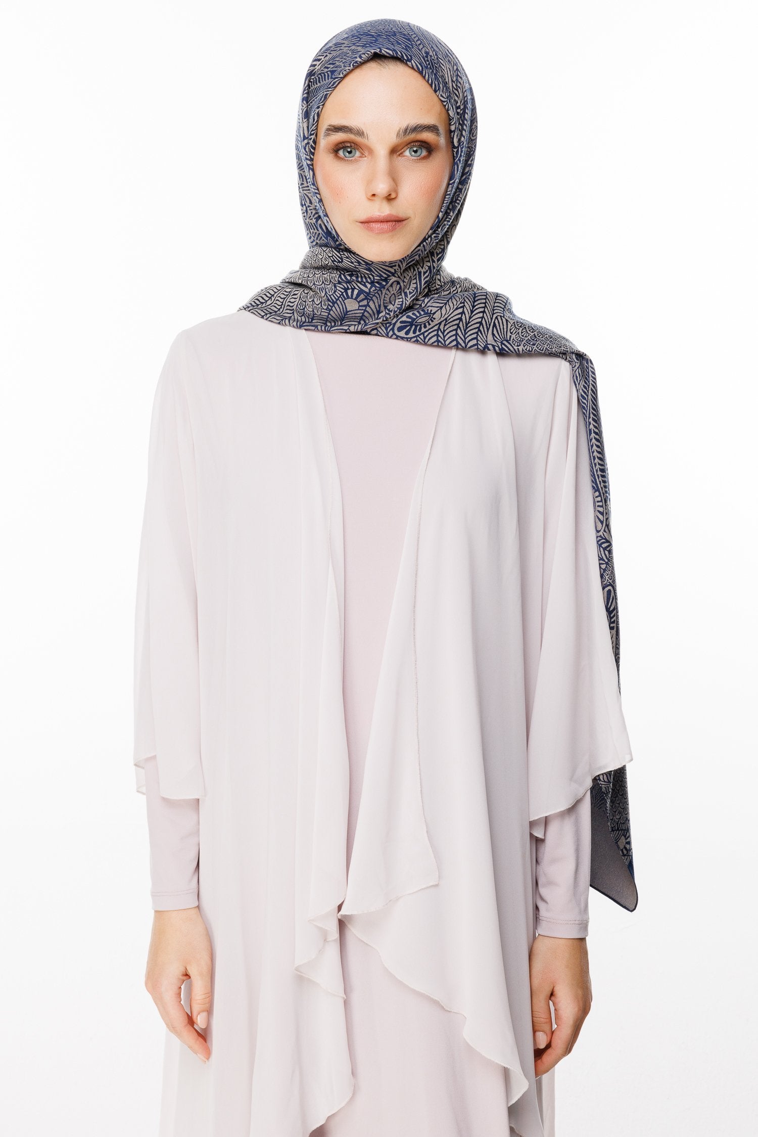 Navy Blue-Beige Mayra Pattern Double-Sided Shawl