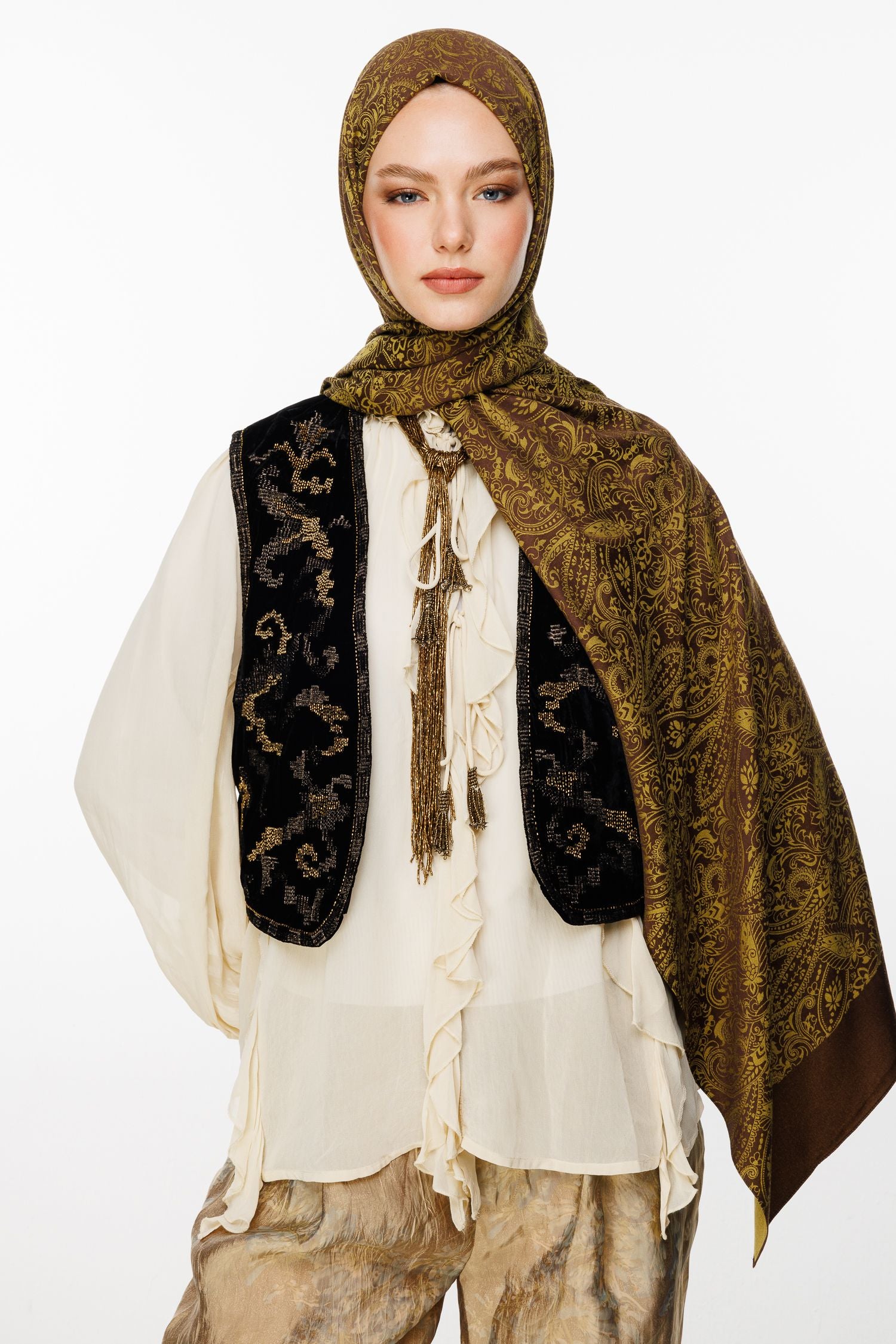 Bitter Brown-Salmon Velora Pattern Double-Sided Shawl