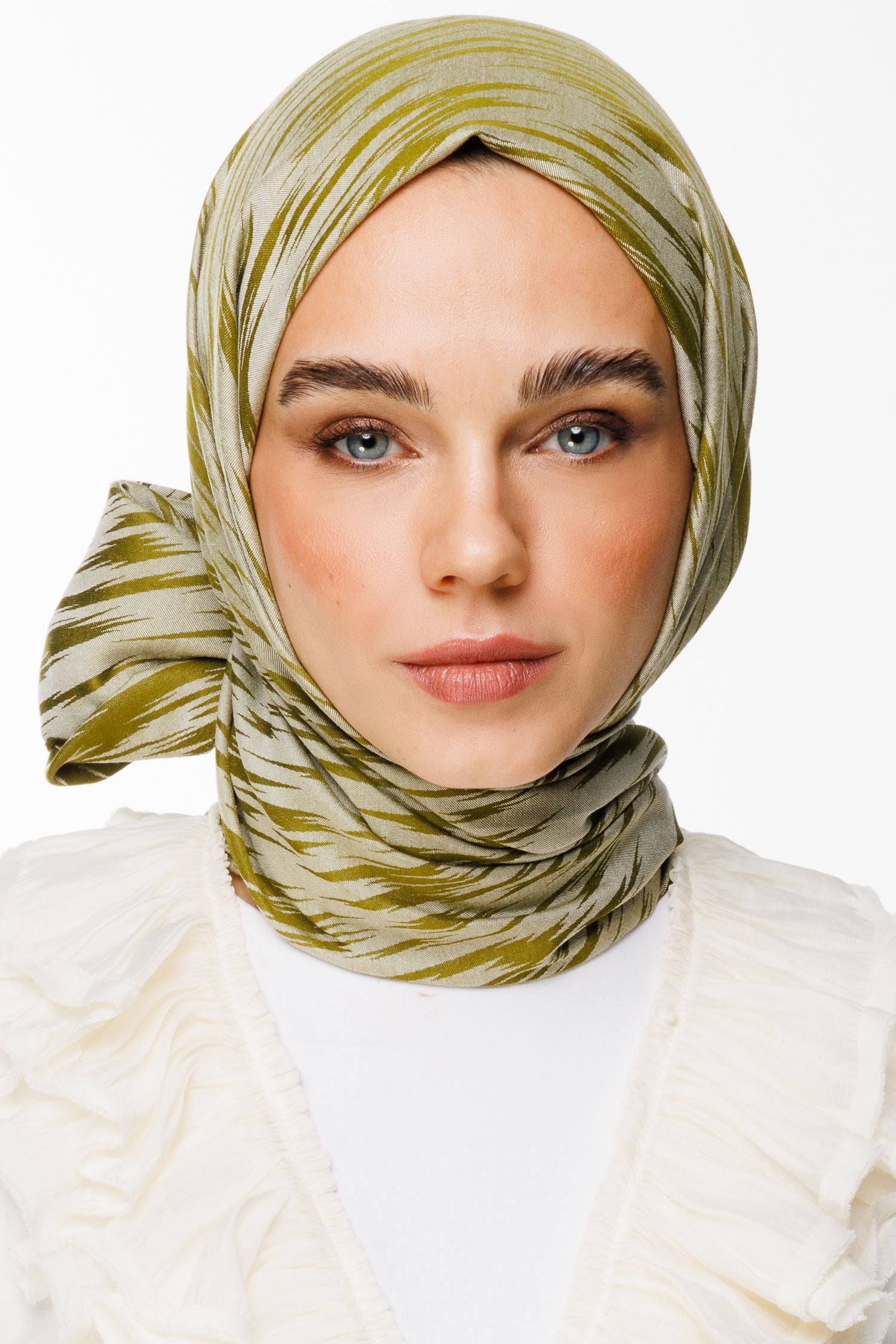 Oil Green-Ecru Selis Pattern Double-Sided Shawl