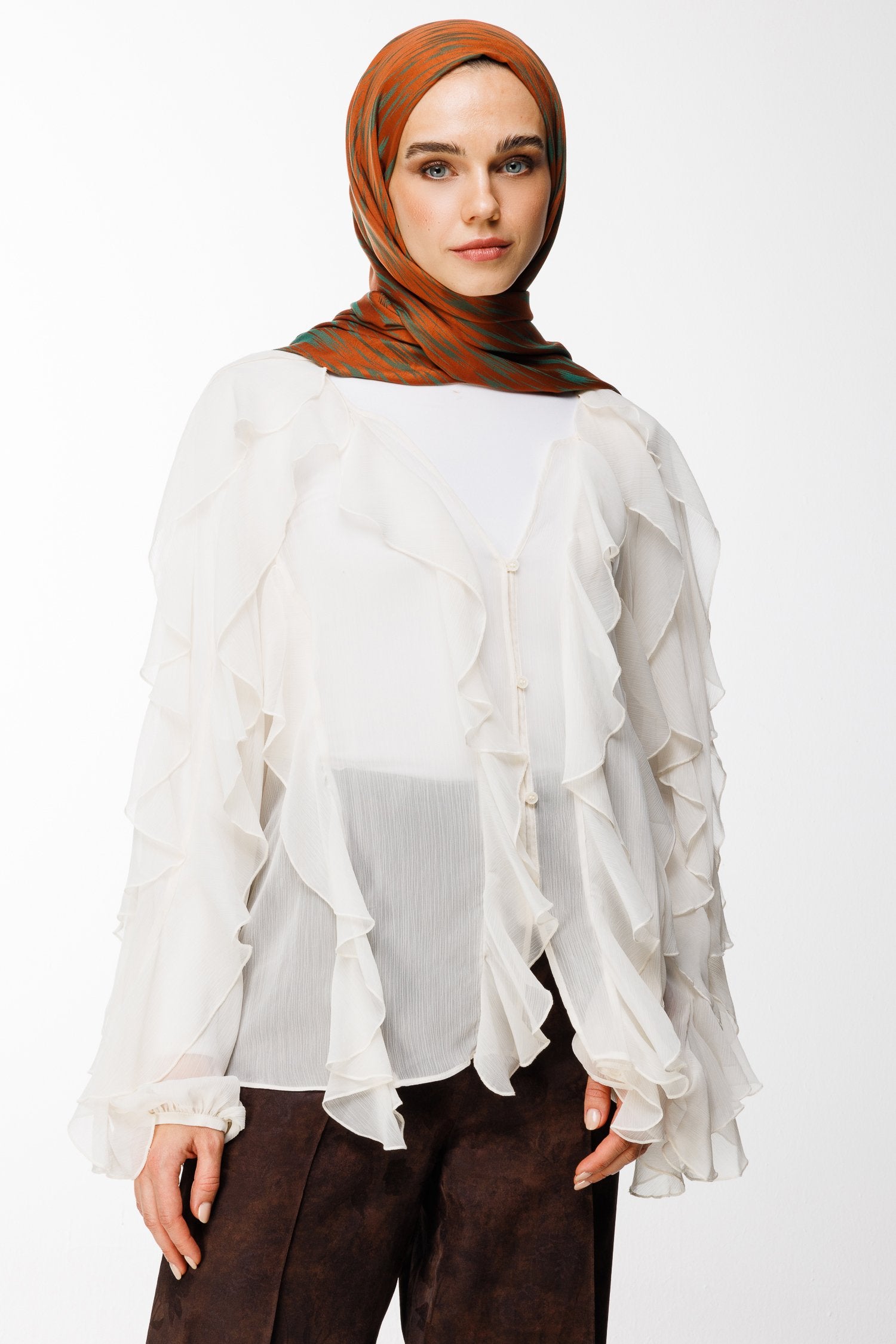 Cinnamon-Emerald Selis Pattern Double-Sided Shawl