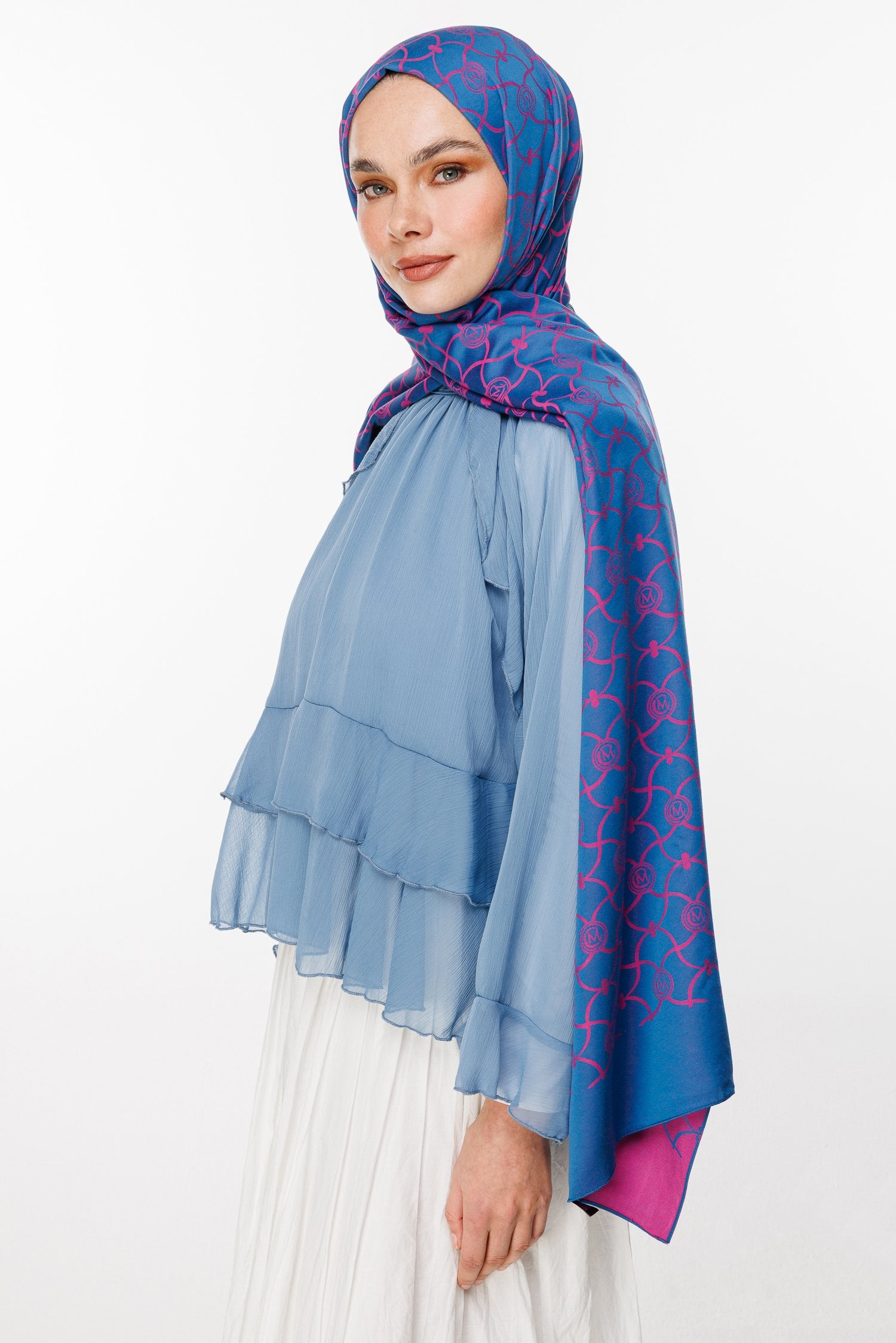 Petrol Blue-Fuchsia Marrakech Pattern Double-Sided Shawl