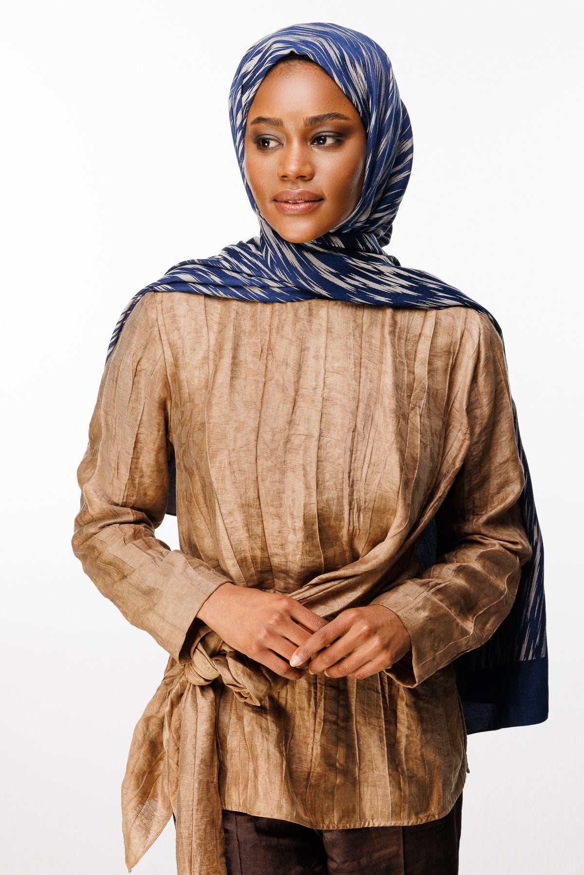Navy Blue-Beige Selis Pattern Double-Sided Shawl