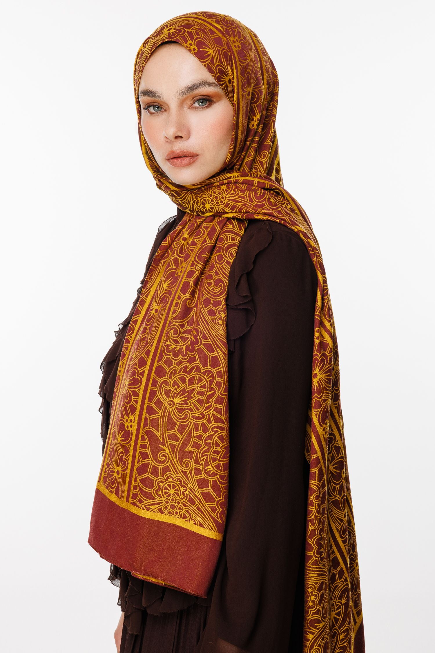 Plum-Yellow Lavin Pattern Double-Sided Shawl