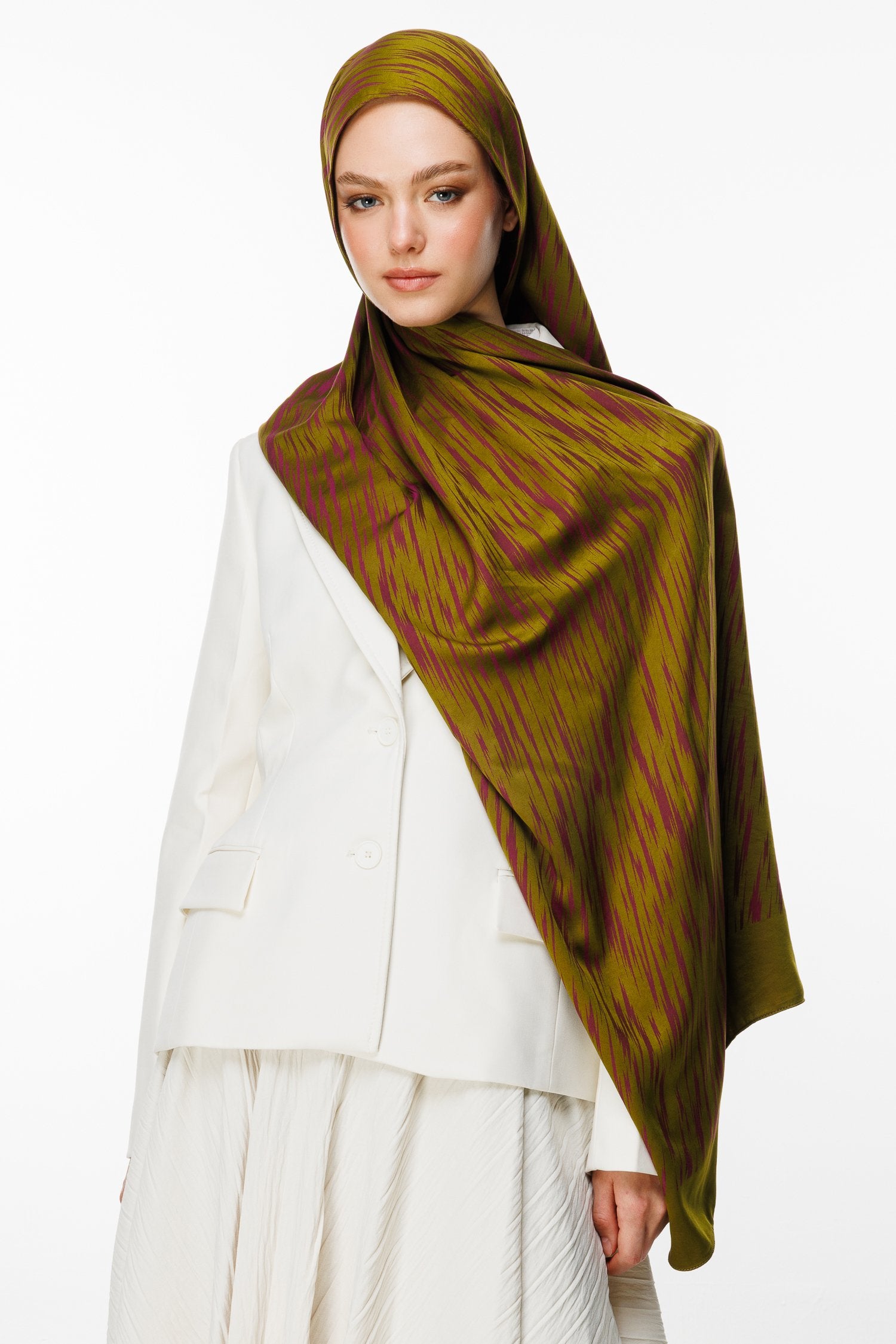 Oil Green-Plum Selis Pattern Double-Sided Shawl