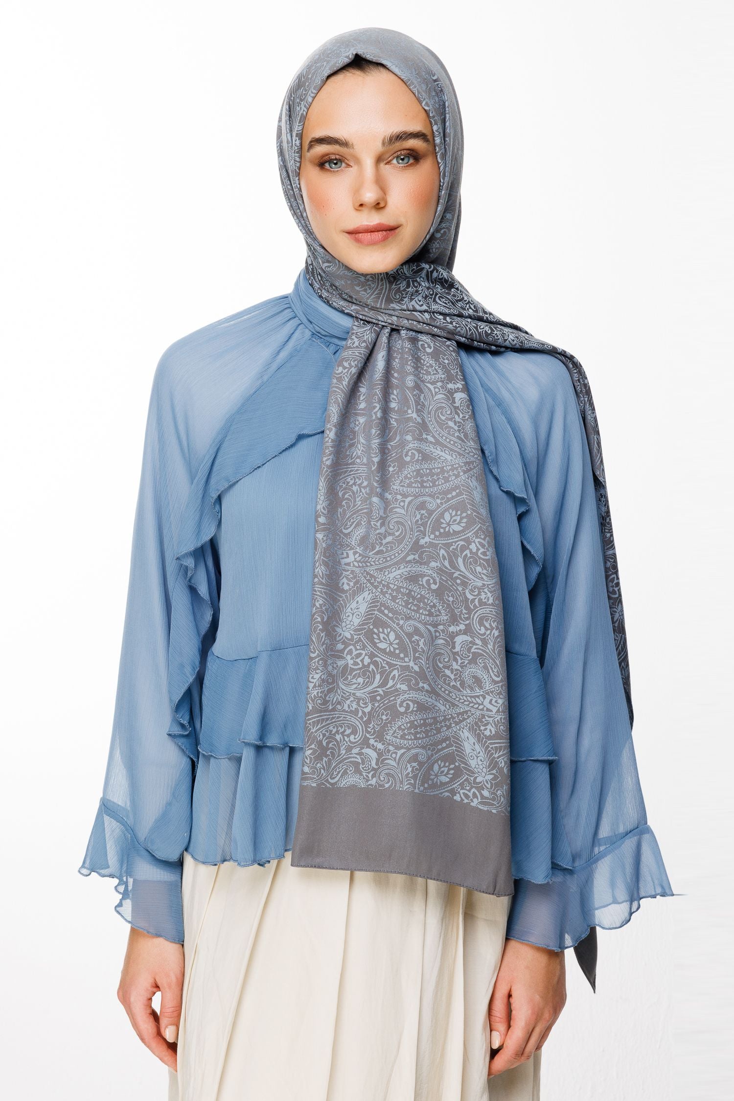 Dark Gray-Light Blue Velora Pattern Double-Sided Shawl