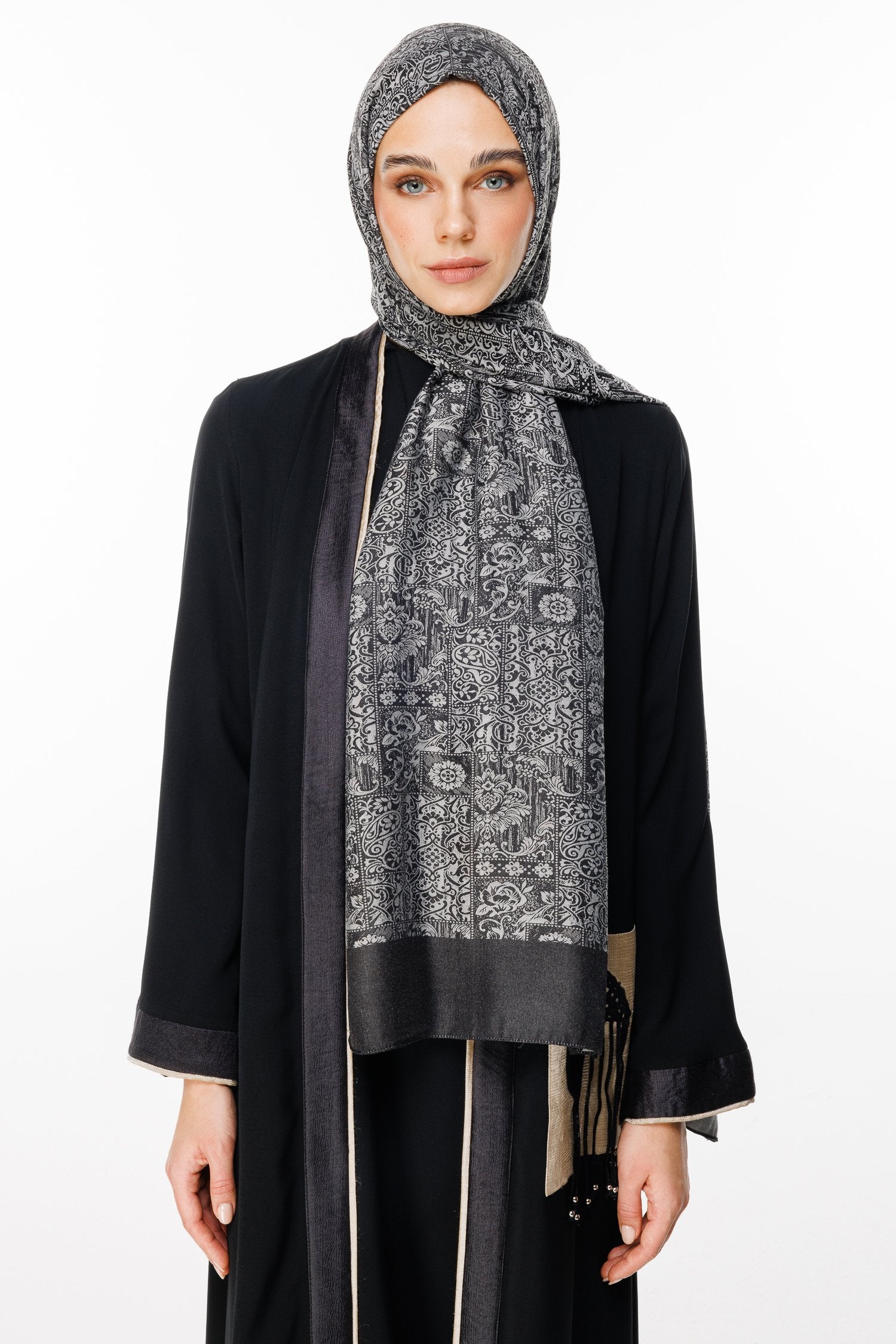 Black-Black Henna Pattern Double-Sided Shawl