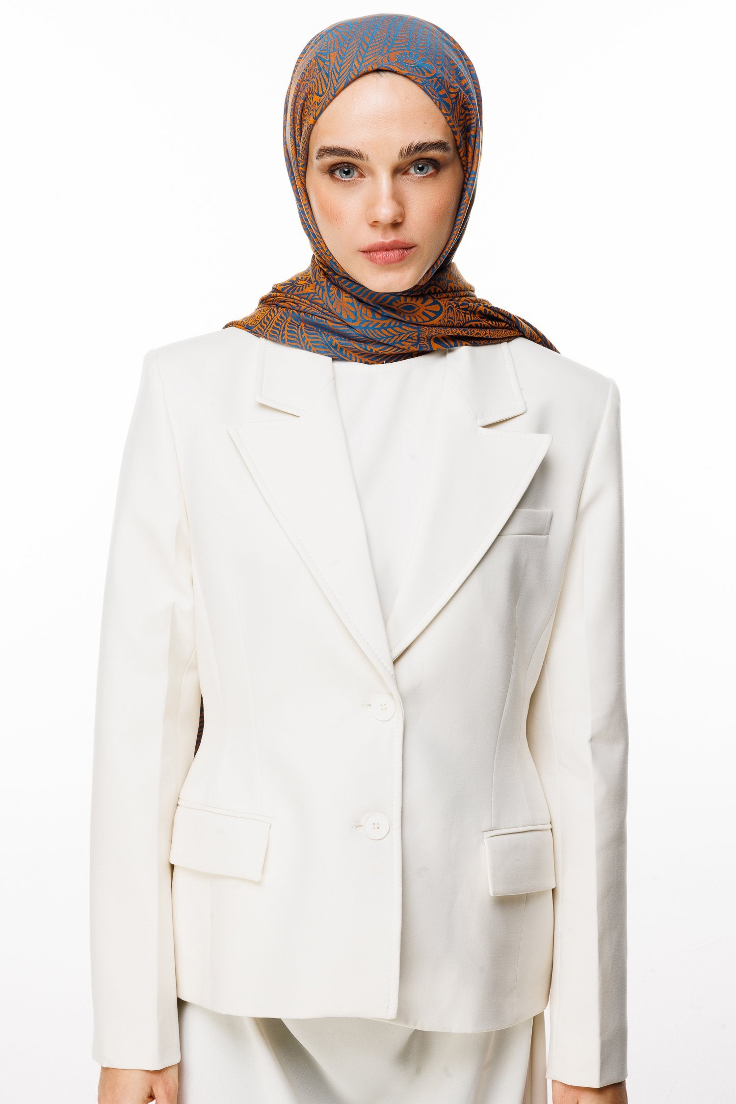 Petrol Blue-Orange Mayra Pattern Double-Sided Shawl