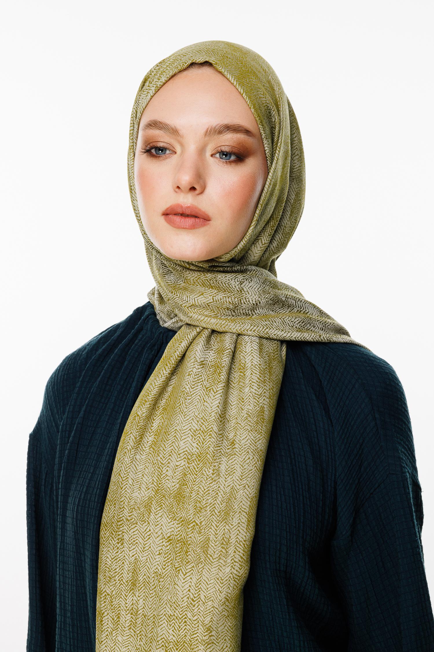 Oil Green-Ecru Sahra Pattern Double-Sided Shawl