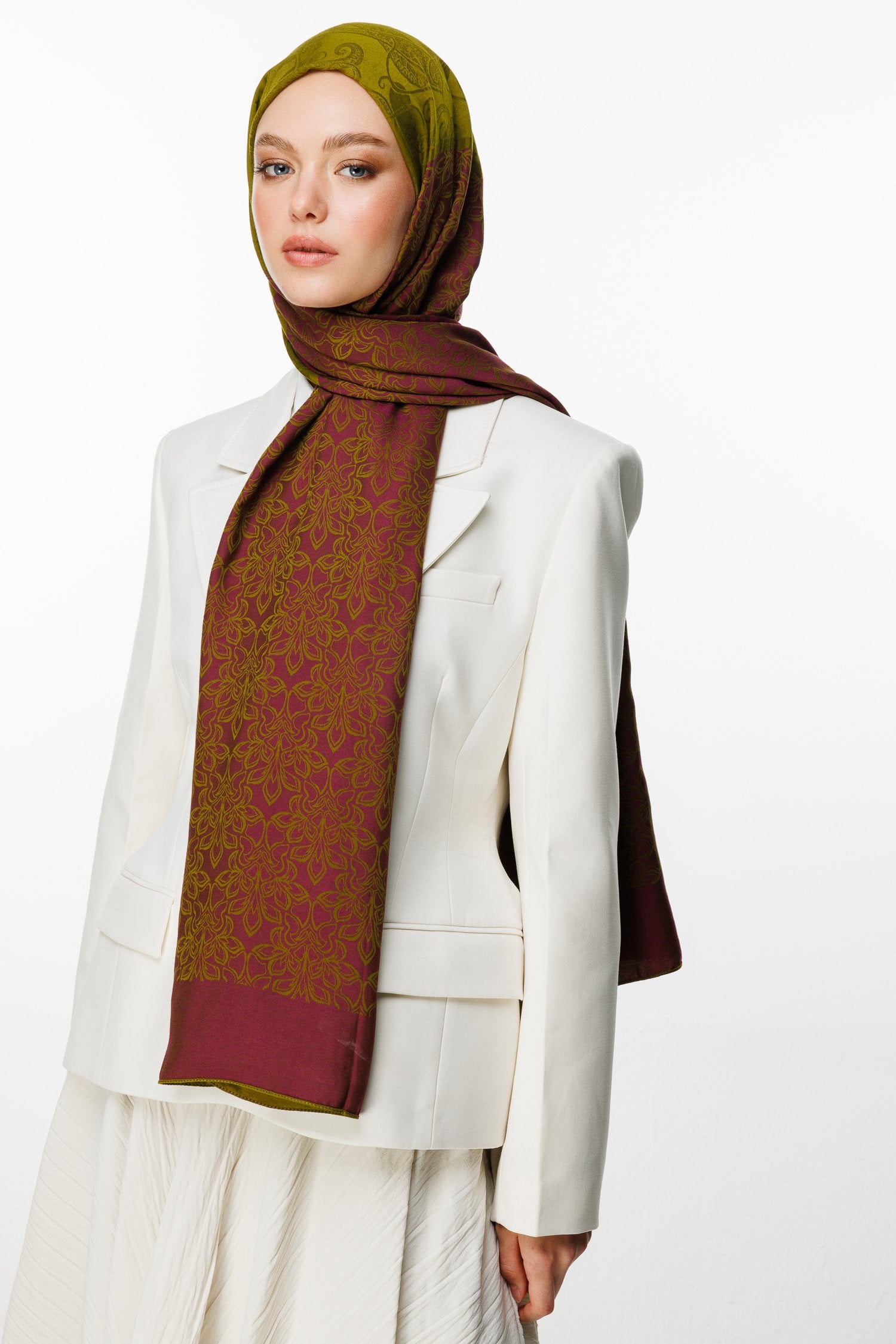 Oil Green-Plum Nora Pattern Double-Sided Shawl