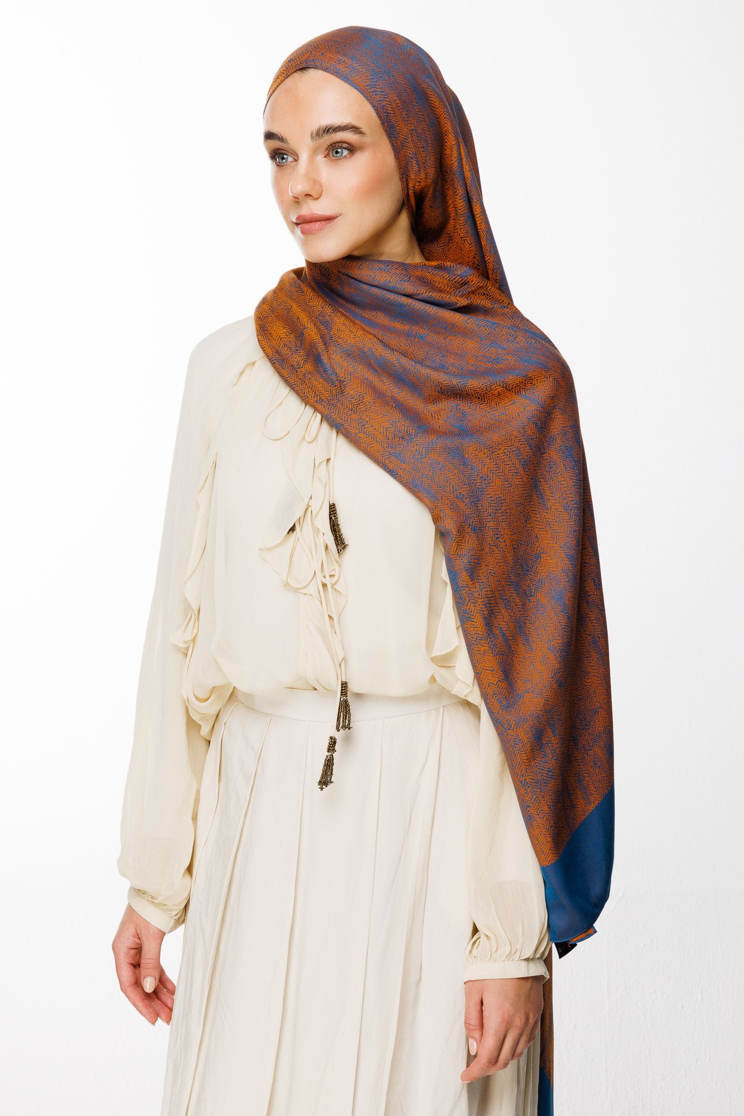 Petrol Blue-Orange Sahra Pattern Double-Sided Shawl