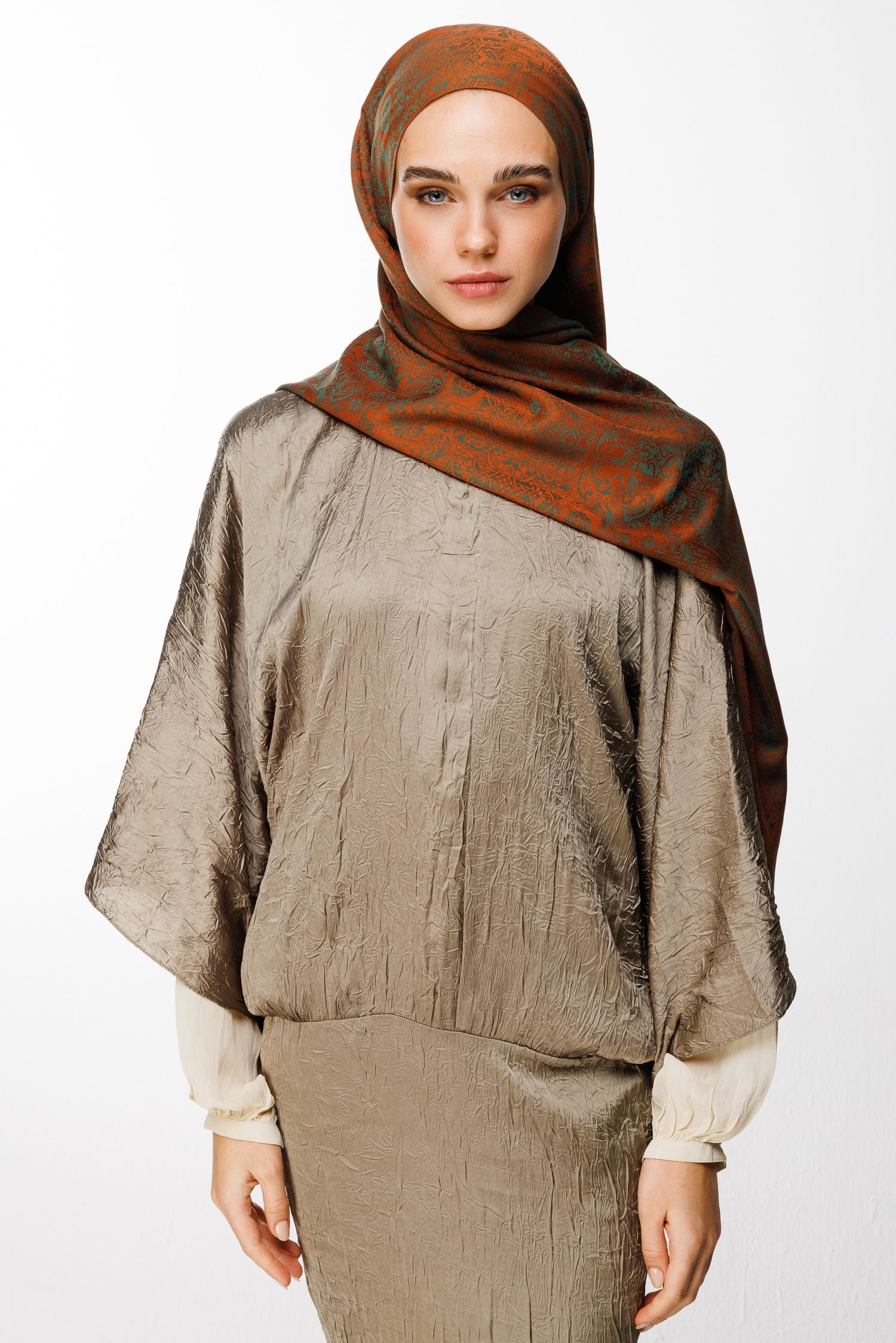 Cinnamon-Emerald Henna Pattern Double-Sided Shawl