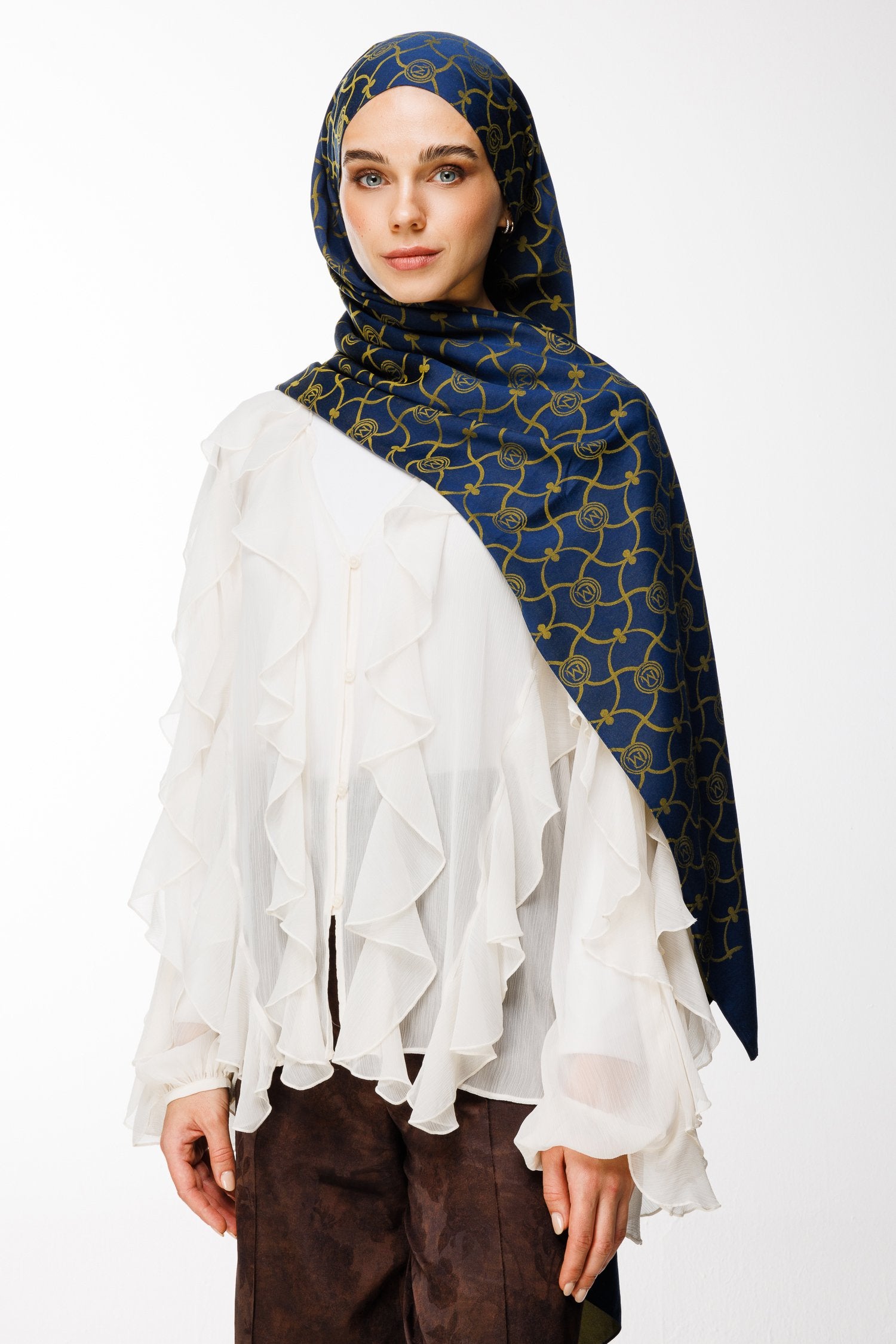 Navy Blue-Oil Green Marrakech Pattern Double-Sided Shawl