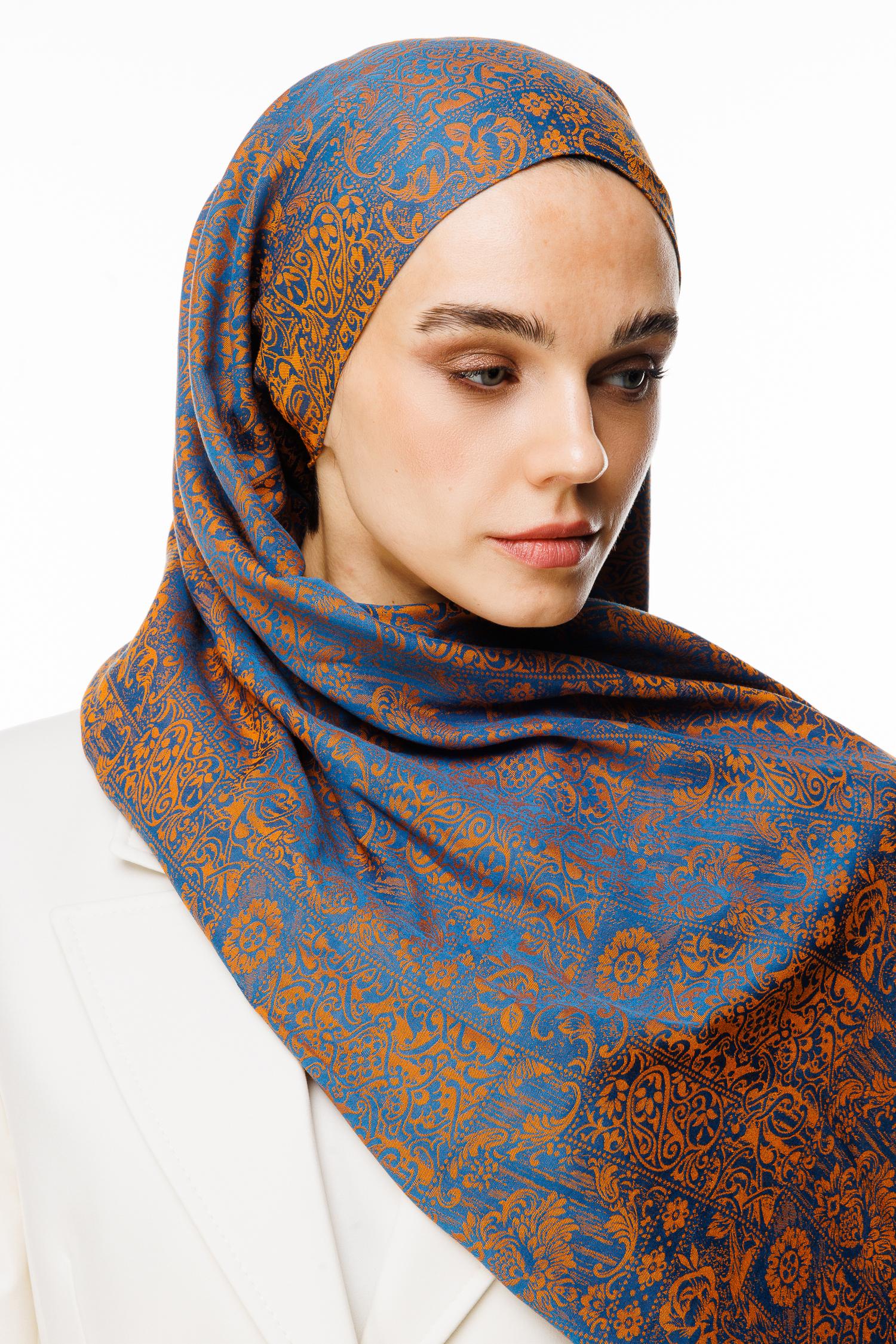 Petrol Blue-Orange Henna Pattern Double-Sided Shawl