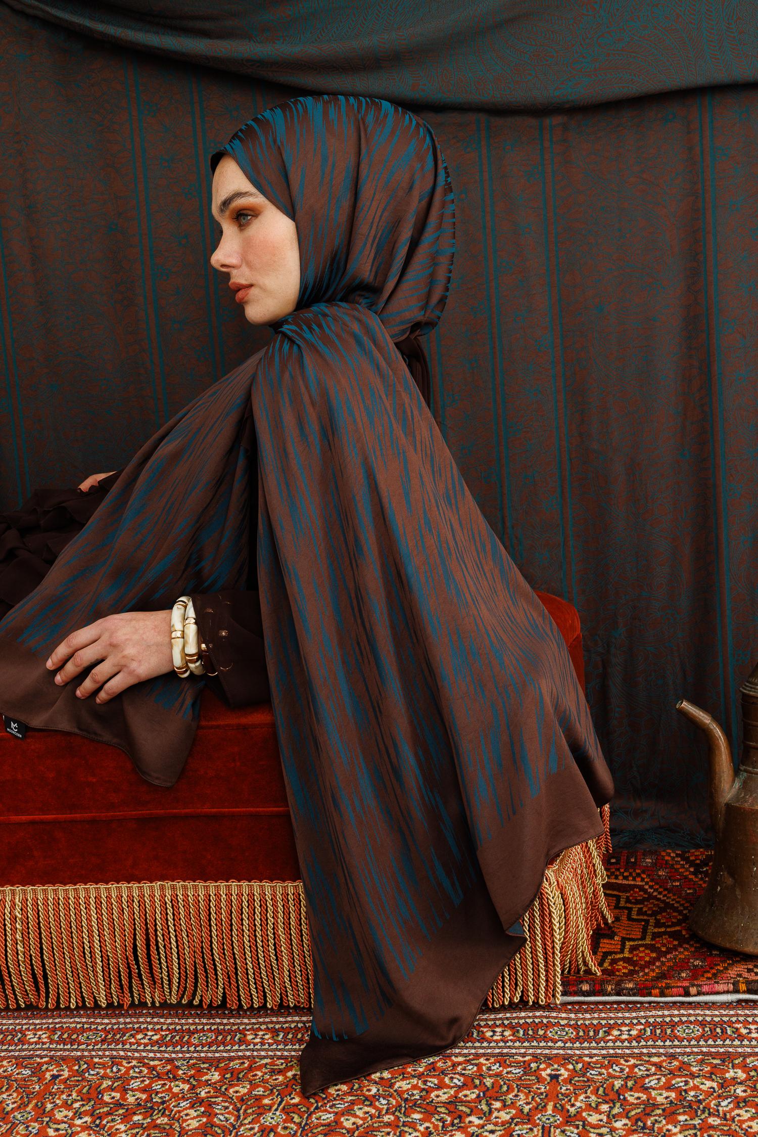 Bitter Brown-Petrol Blue Selis Pattern Double-Sided Shawl