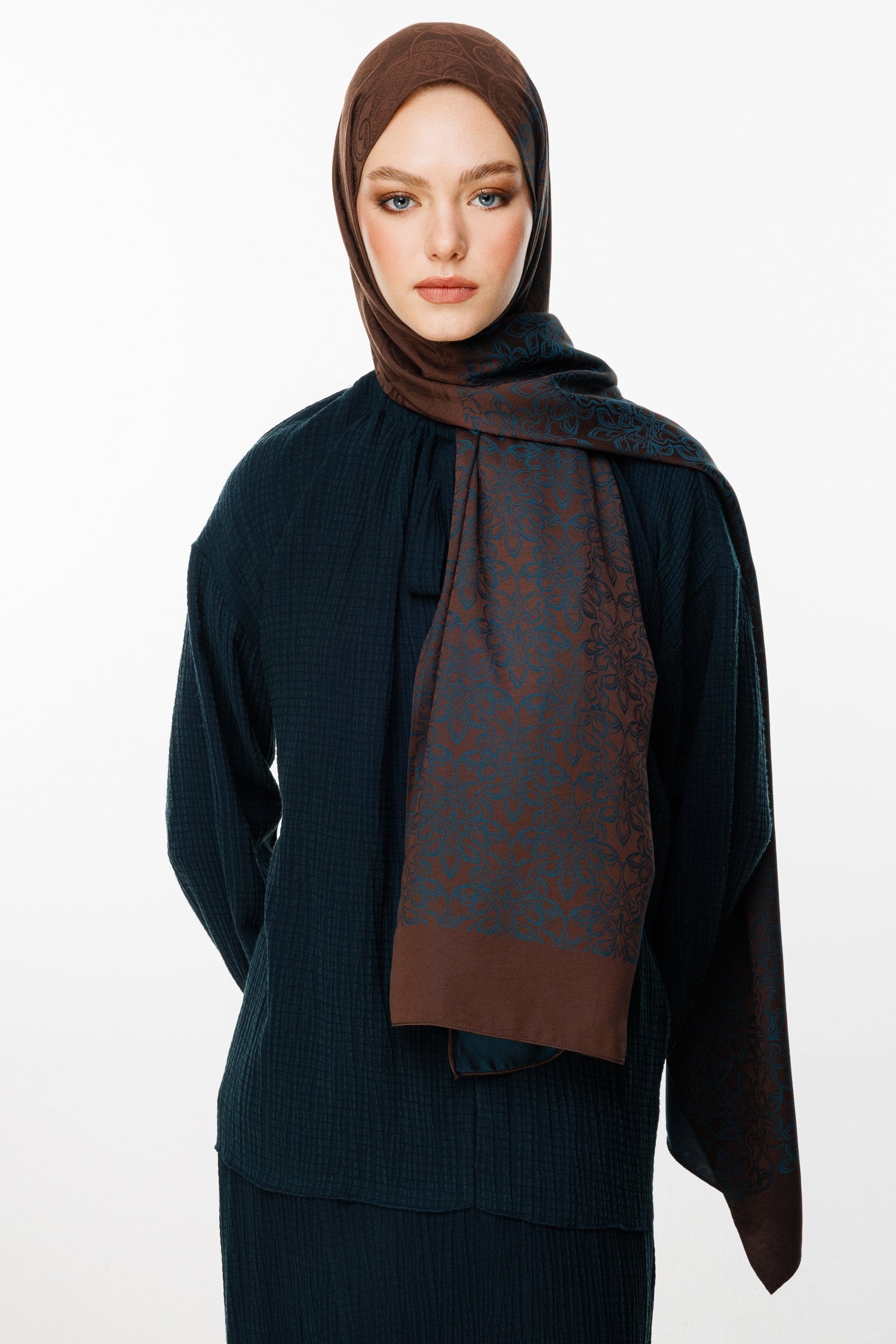 Bitter Brown-Petrol Blue Nora Pattern Double-Sided Shawl