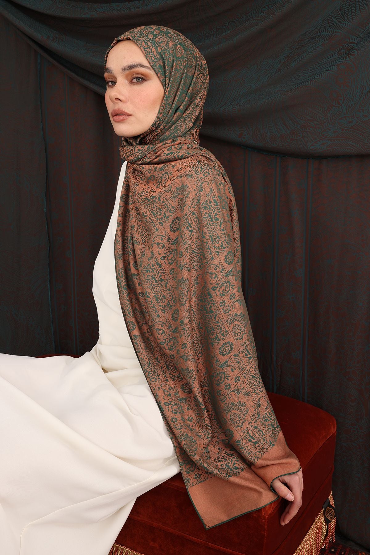 Emerald-Apricot Henna Pattern Double-Sided Shawl