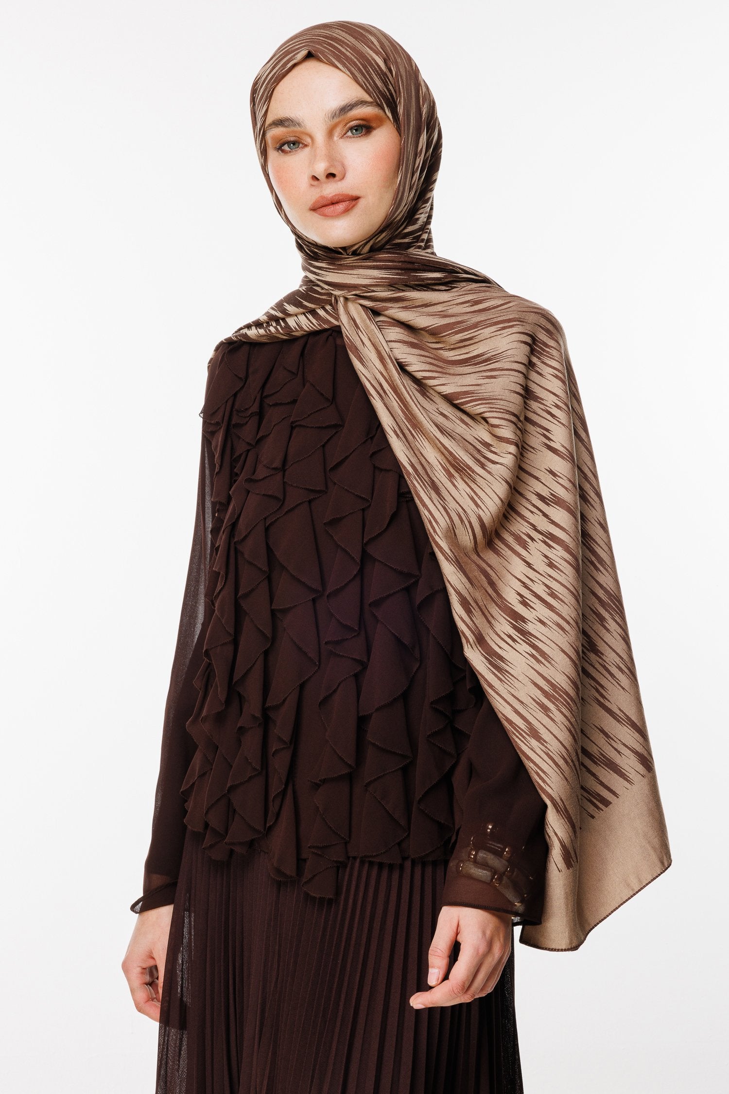 Bitter Brown-Beige Selis Pattern Double-Sided Shawl