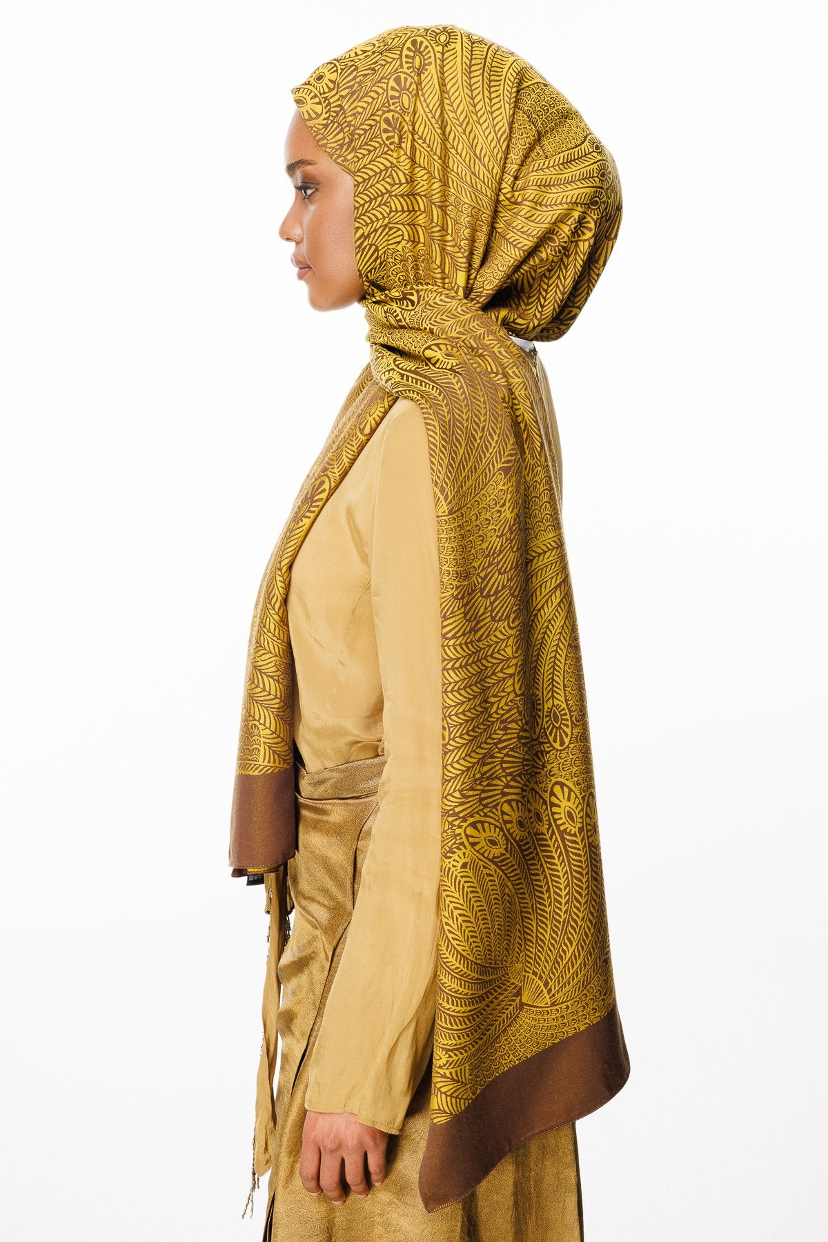 Bitter Brown-Mustard Mayra Pattern Double-Sided Shawl