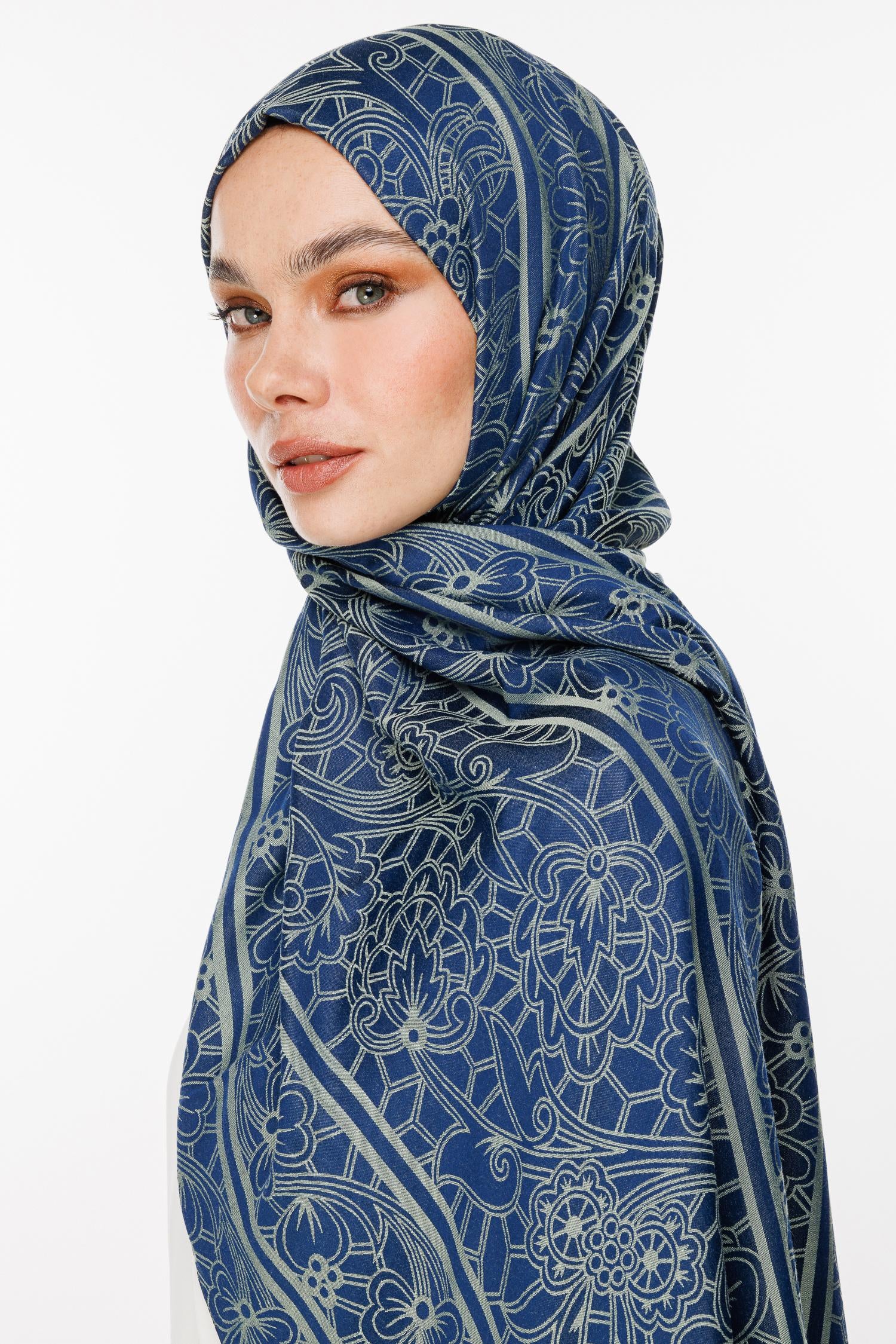 Navy Blue-Aqua Green Lavin Pattern Double-Sided Shawl