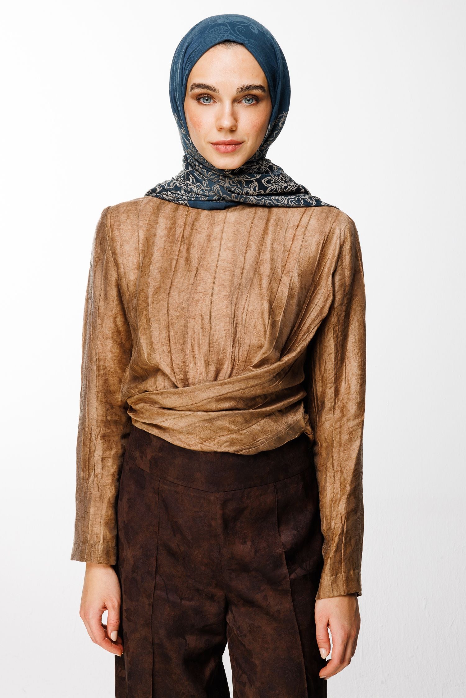 Petrol Blue-Beige Nora Pattern Double-Sided Shawl