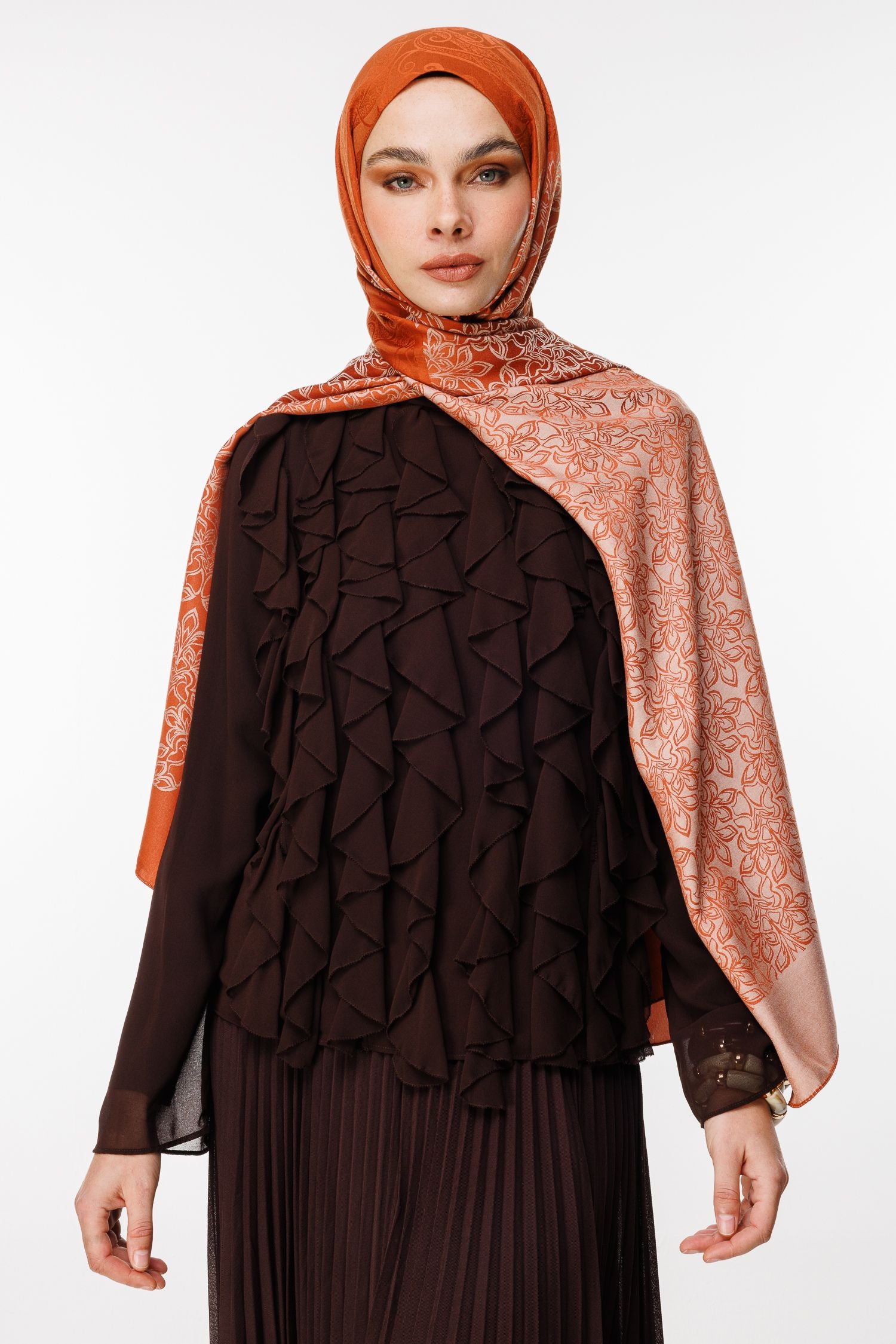 Cinnamon-Beige Nora Pattern Double-Sided Shawl