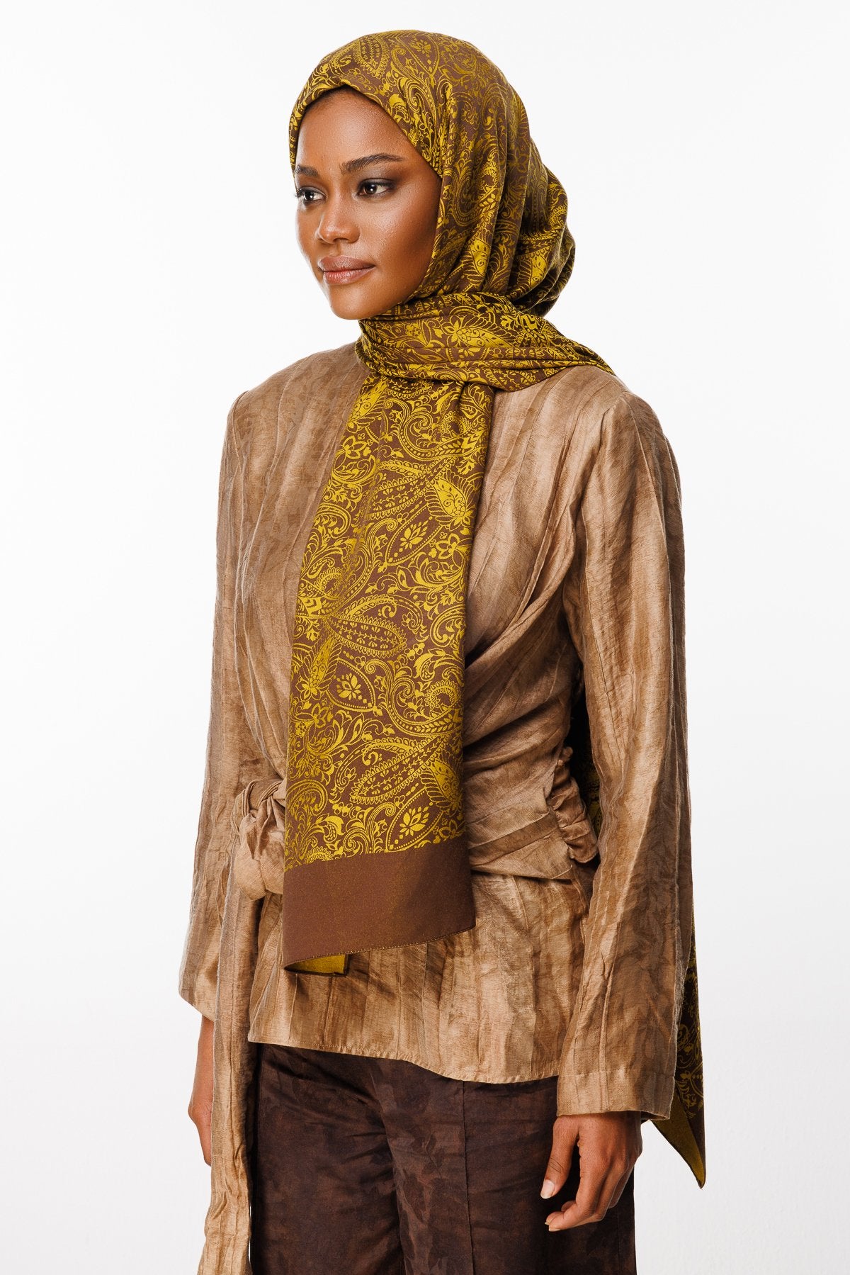 Bitter Brown-Mustard Velora Pattern Double-Sided Shawl