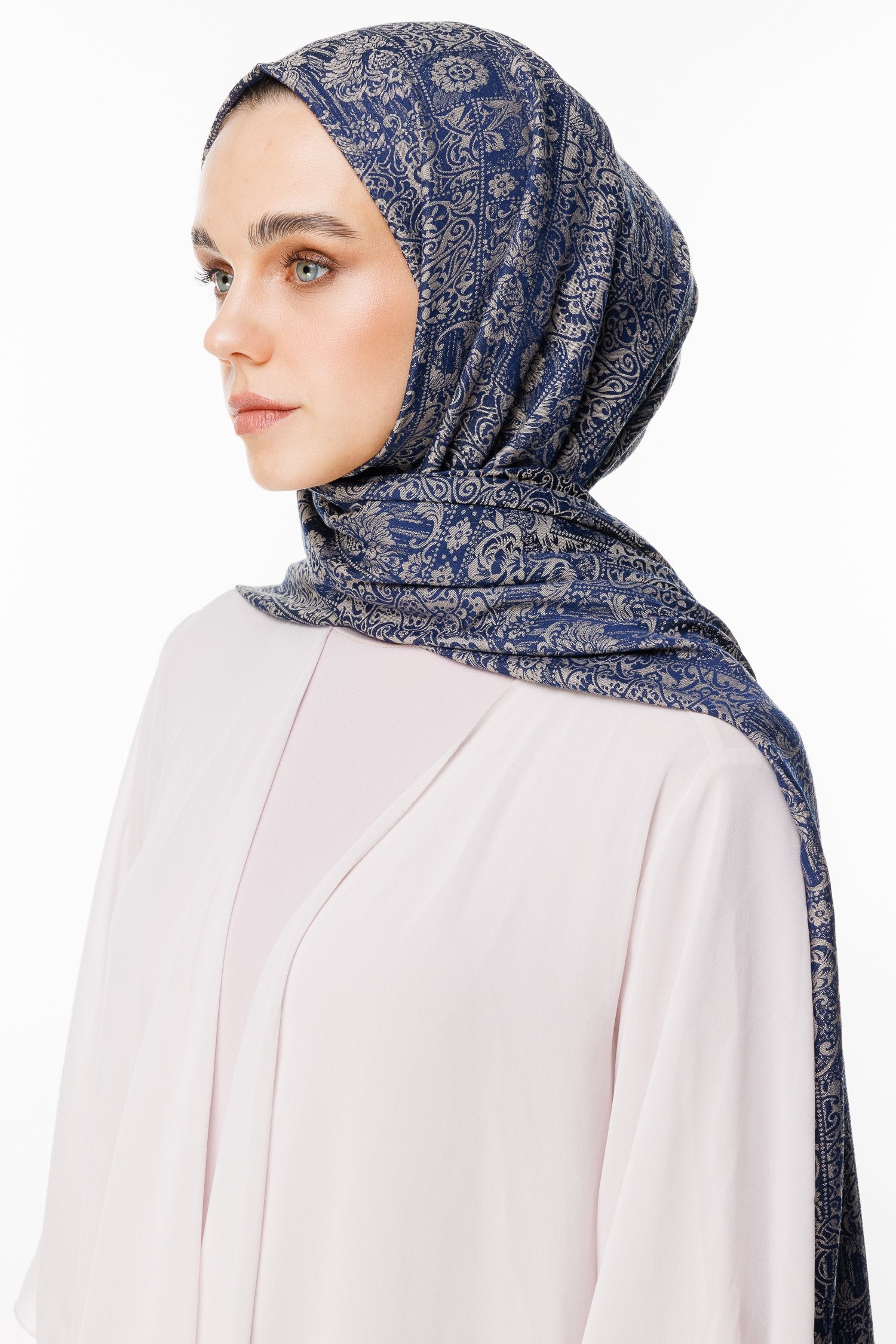 Navy Blue-Beige Henna Pattern Double-Sided Shawl