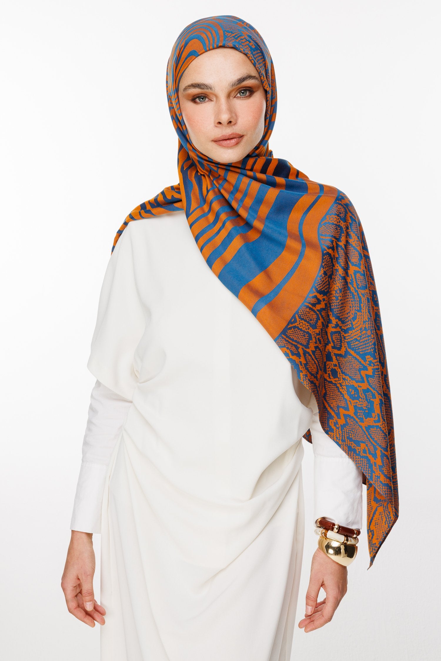 Petrol Blue-Orange Riad Pattern Double-Sided Shawl