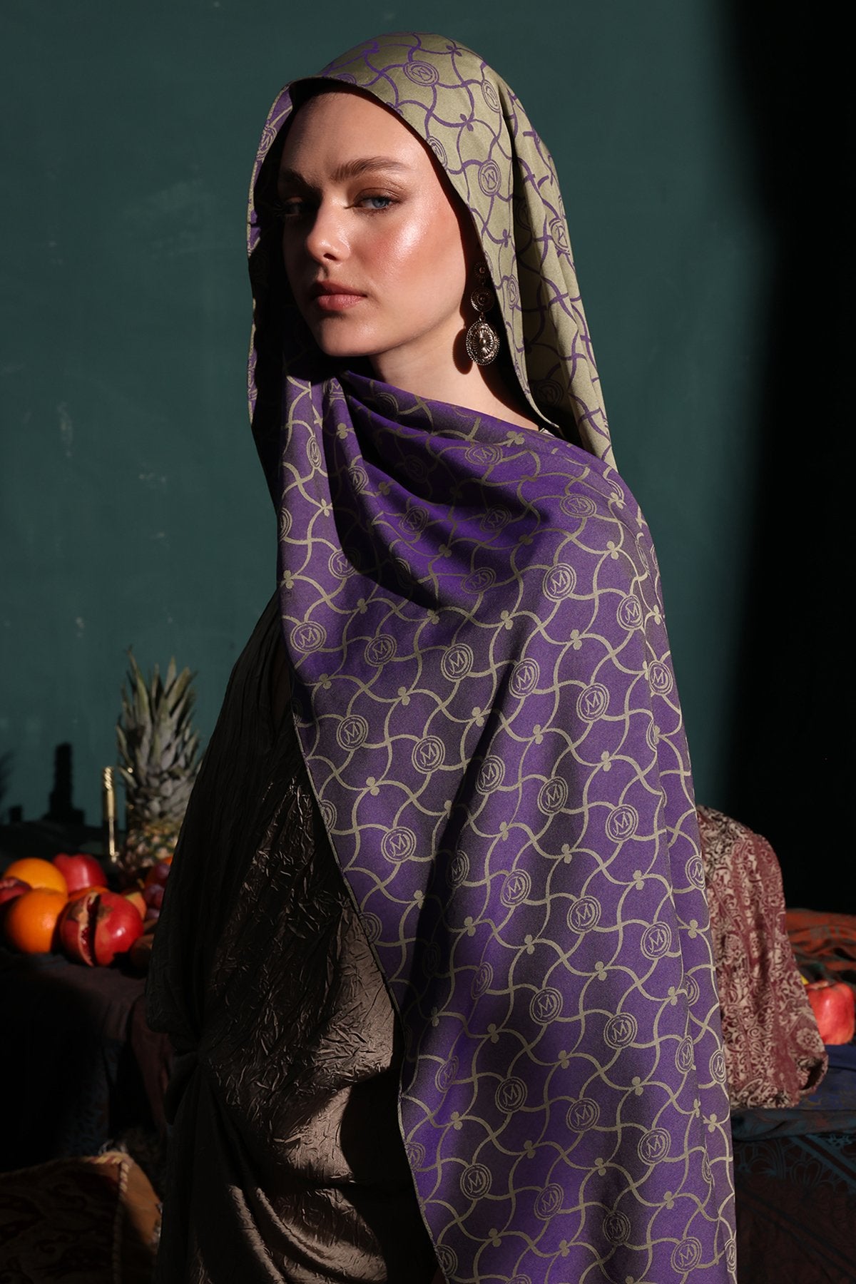 Olive-Purple Marrakech Pattern Double-Sided Shawl
