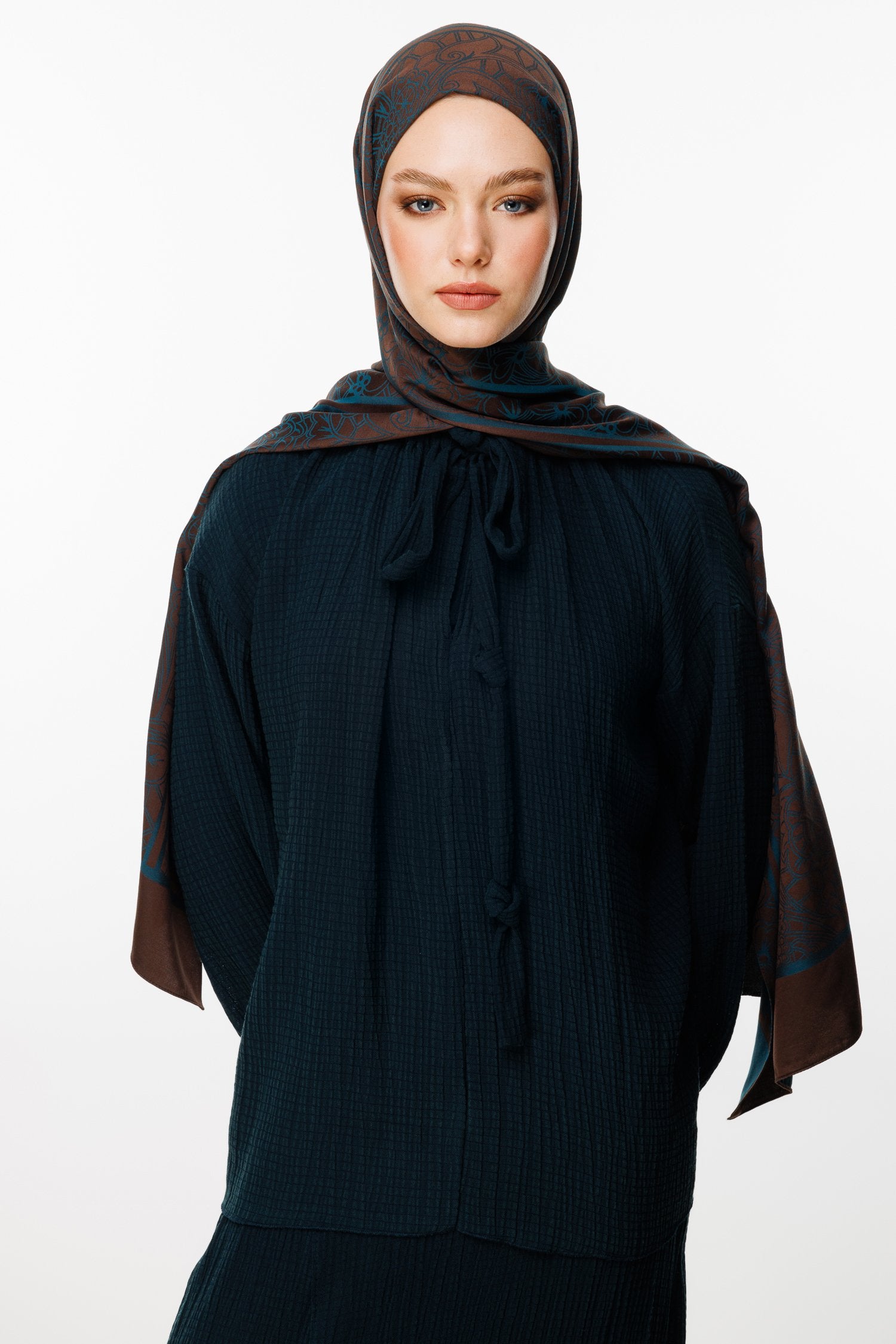 Bitter Brown-Petrol Blue Lavin Pattern Double-Sided Shawl