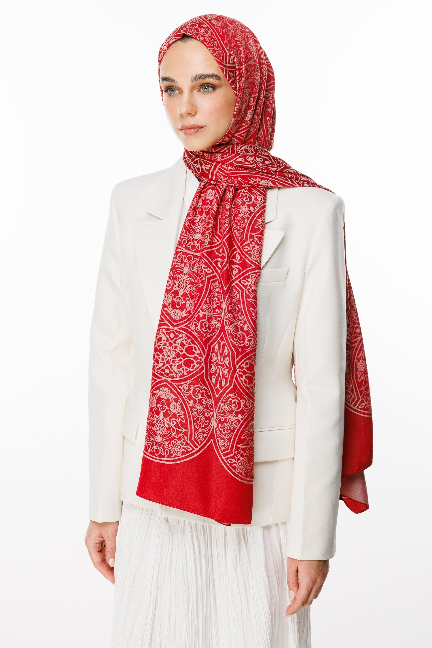 Burgundy-Mint Green Morocco Pattern Double-Sided Shawl