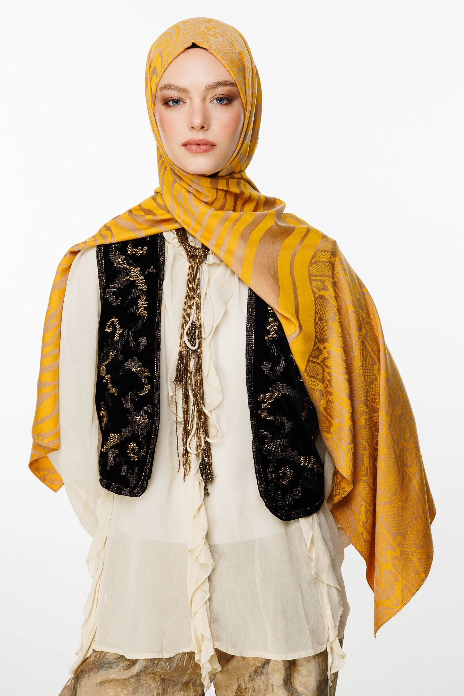 Mink-Mustard Riad Pattern Double-Sided Shawl