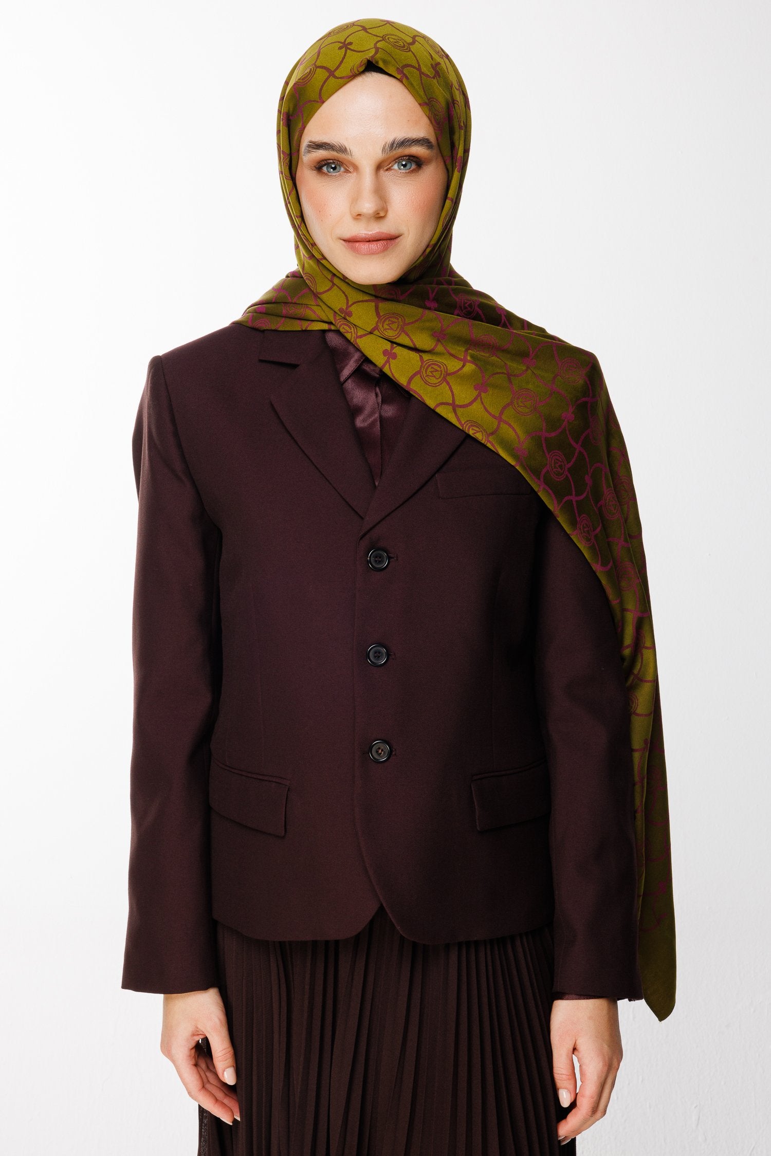 Oil Green-Plum Marrakech Pattern Double-Sided Shawl