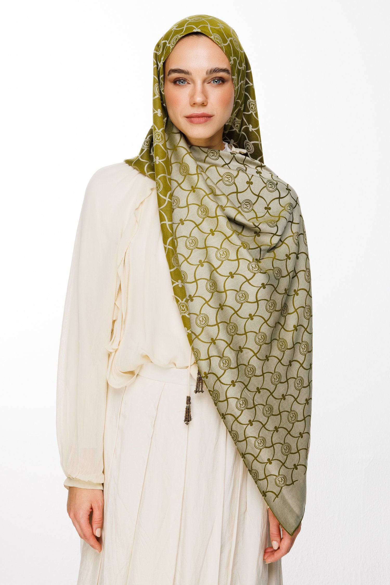 Oil Green-Ecru Marrakech Pattern Double-Sided Shawl
