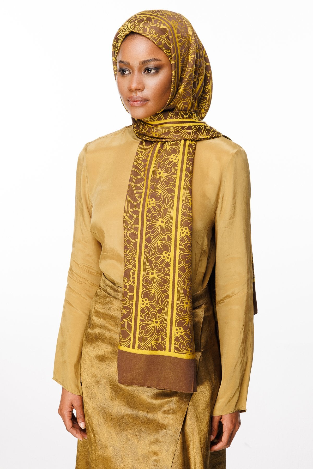 Bitter Brown-Mustard Lavin Pattern Double-Sided Shawl