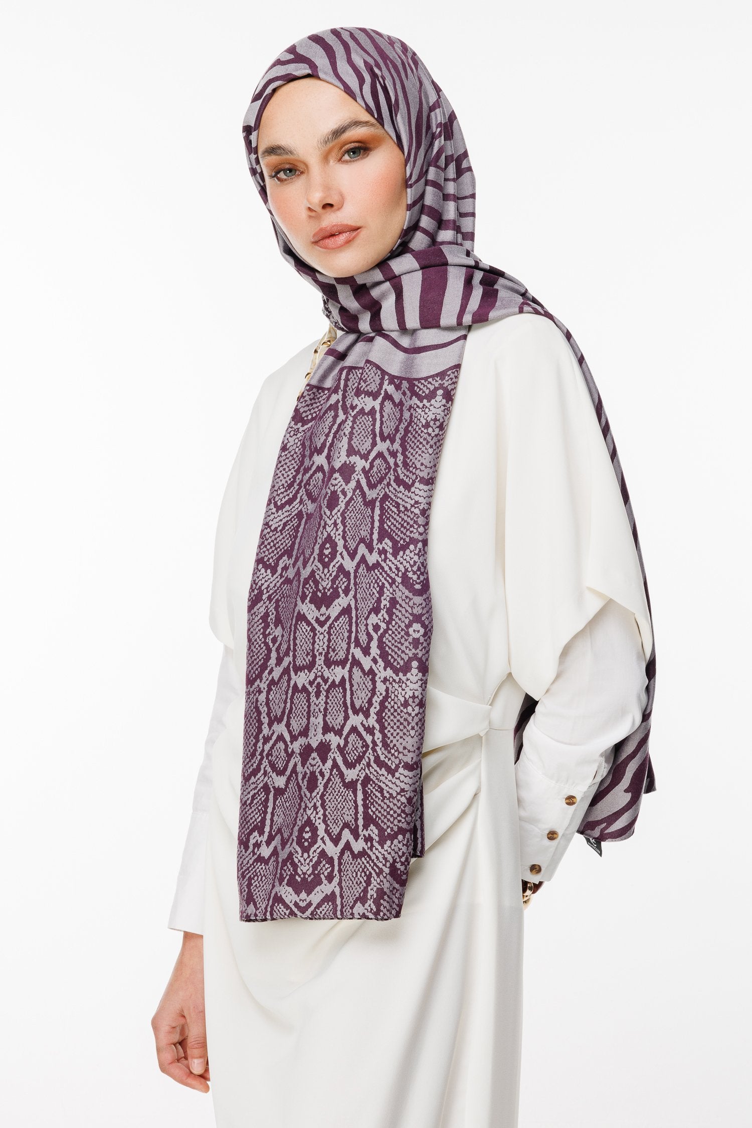 Purple-Gray Riad Pattern Double-Sided Shawl