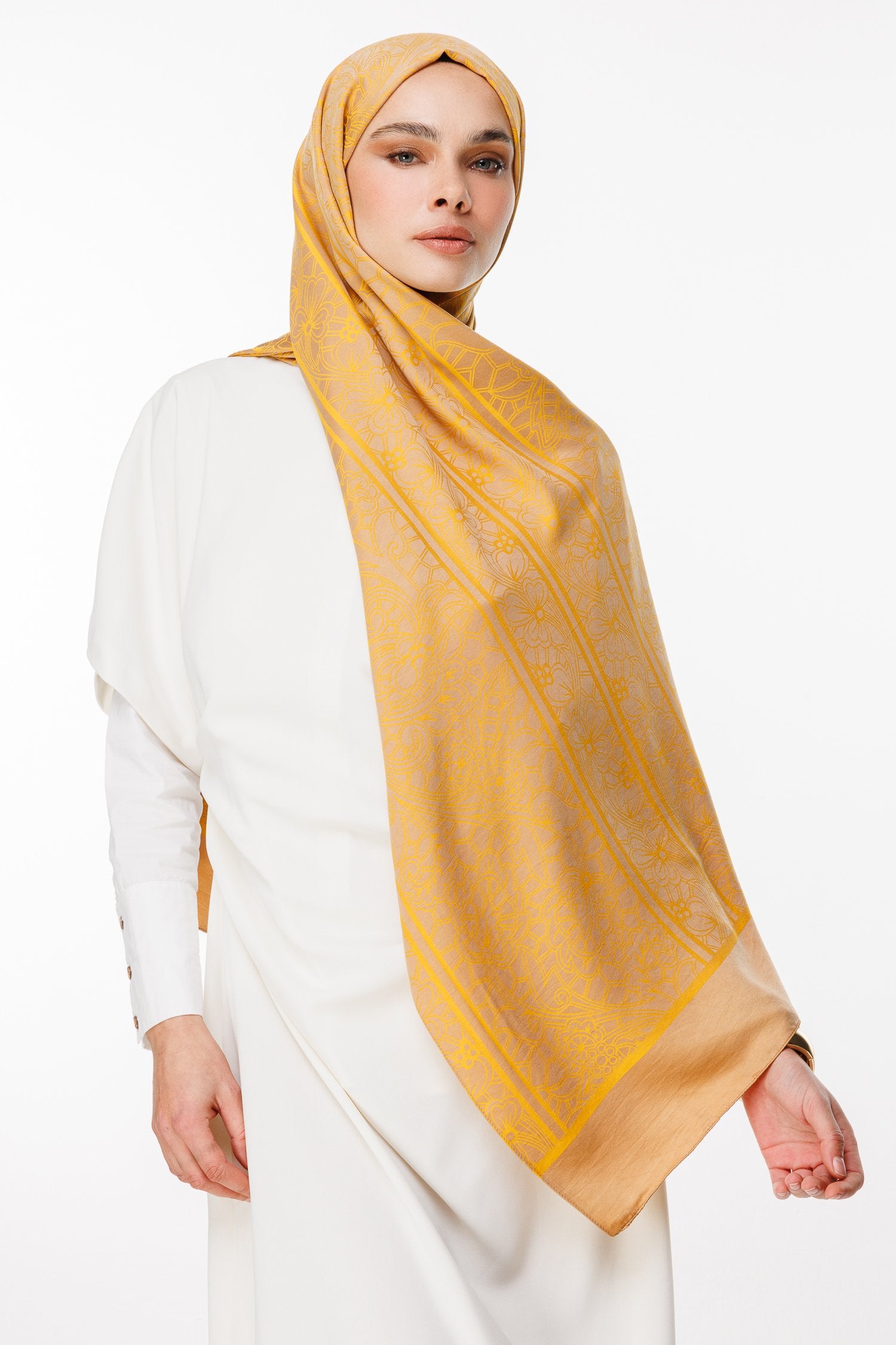 Mink-Mustard Lavin Pattern Double-Sided Shawl
