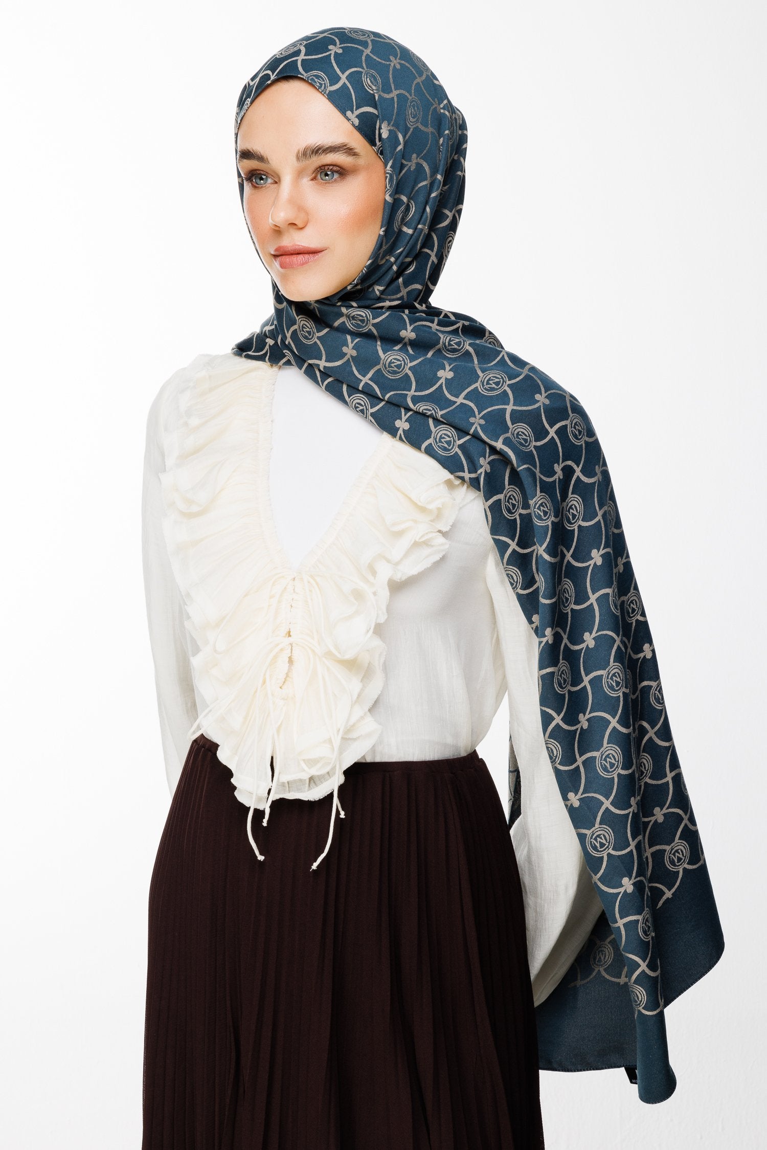 Petrol Blue-Beige Marrakech Pattern Double-Sided Shawl