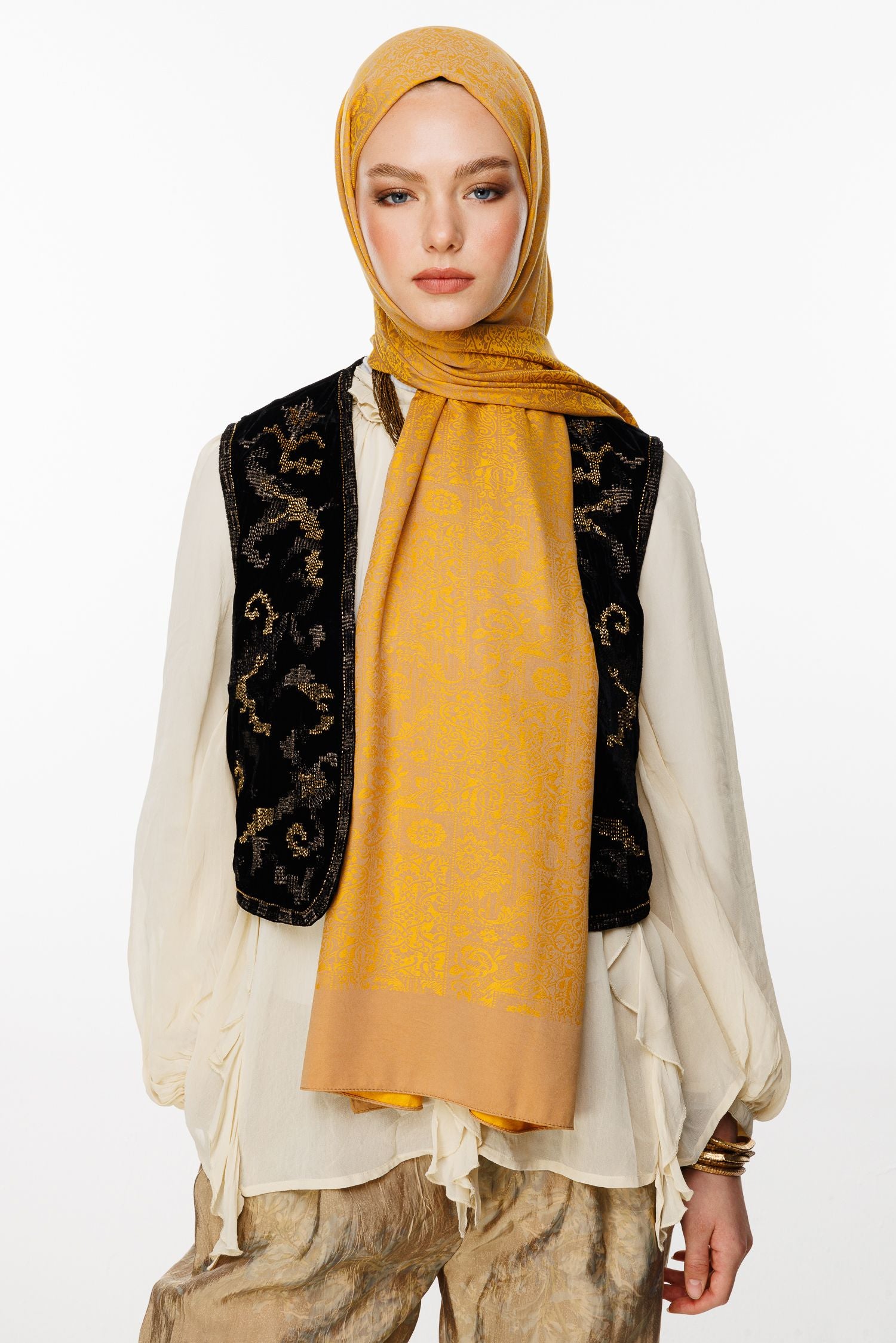 Mink-Mustard Henna Pattern Double-Sided Shawl