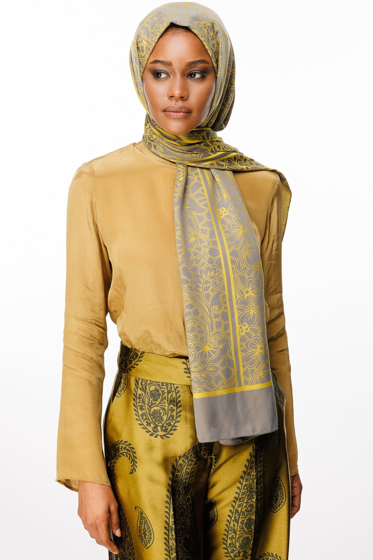 Dark Gray-Mustard Lavin Pattern Double-Sided Shawl