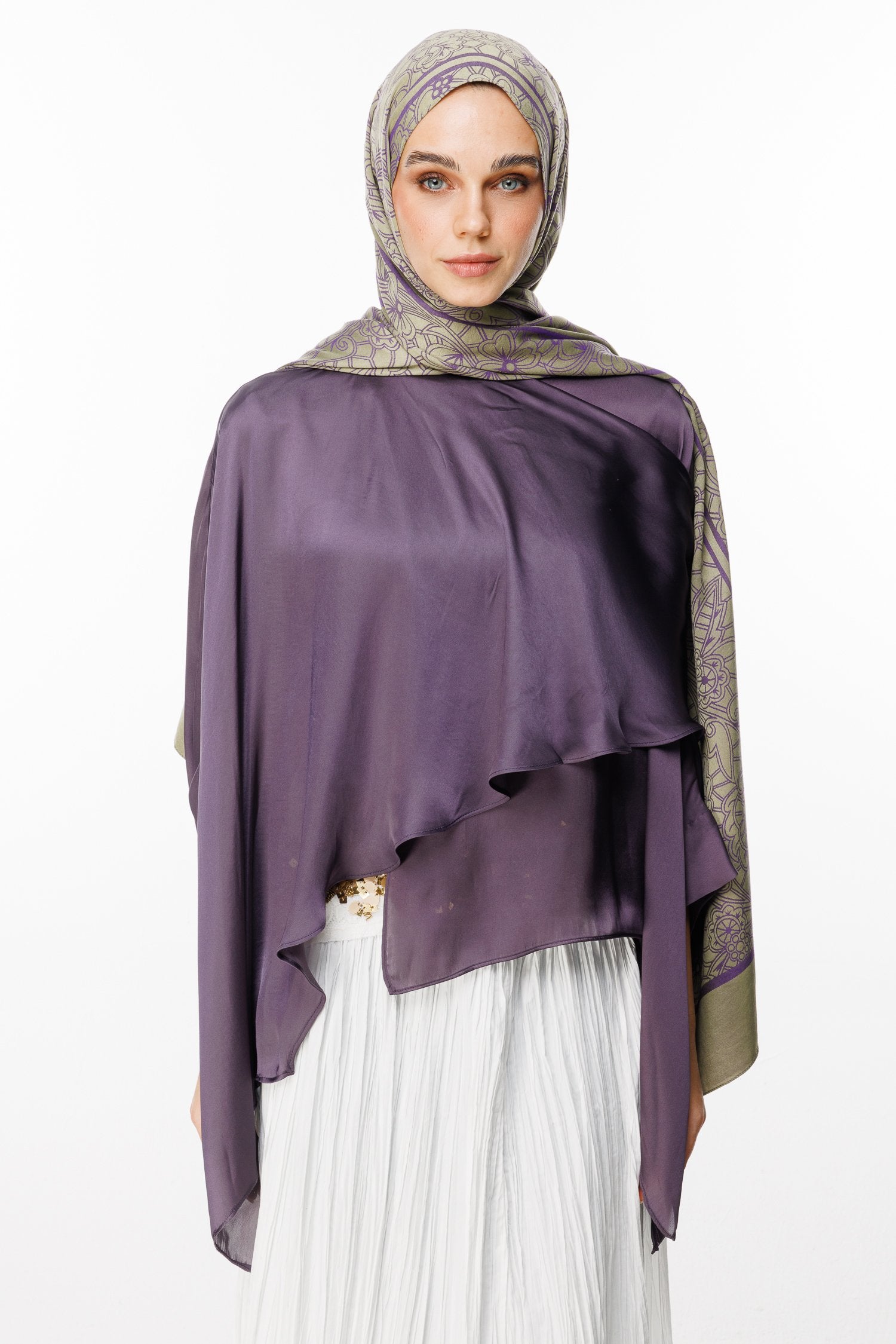 Olive-Purple Lavin Pattern Double-Sided Shawl